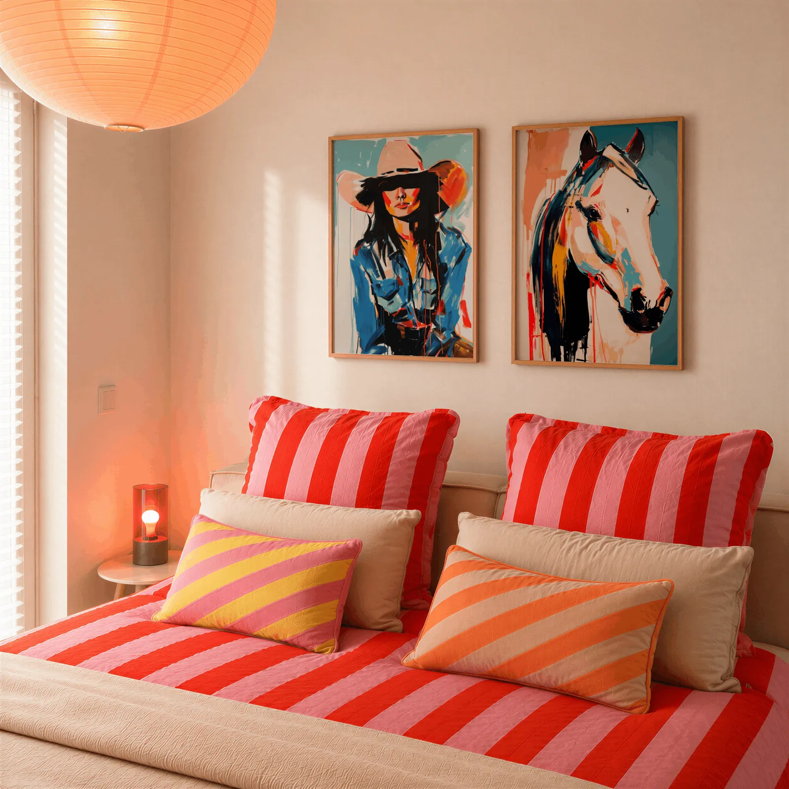 western cowgirl and horse wall art set of two, above a bed piled with red and pink striped pillows