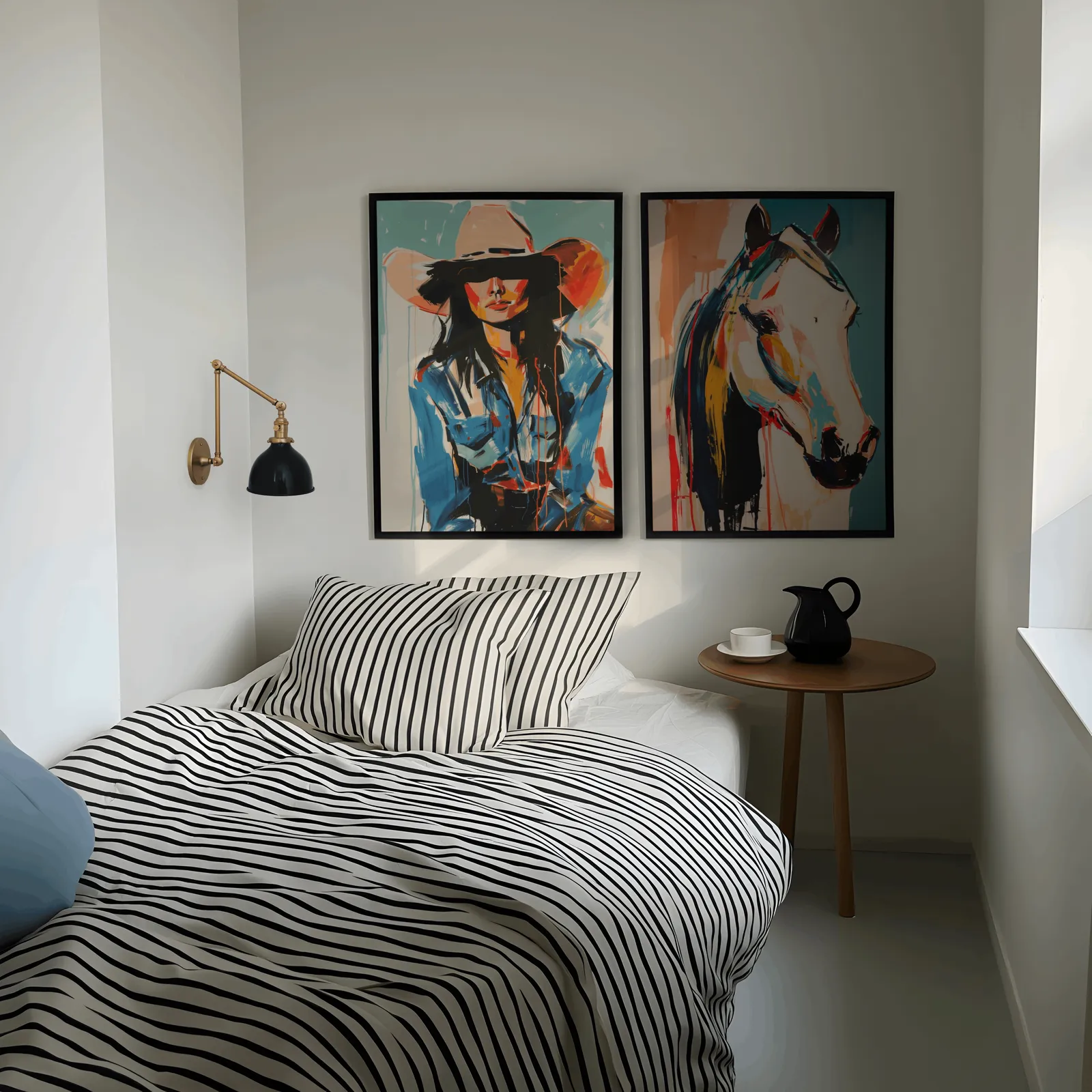 western cowgirl and horse wall art set of two, above a striped bed beside a brass swing-arm lamp