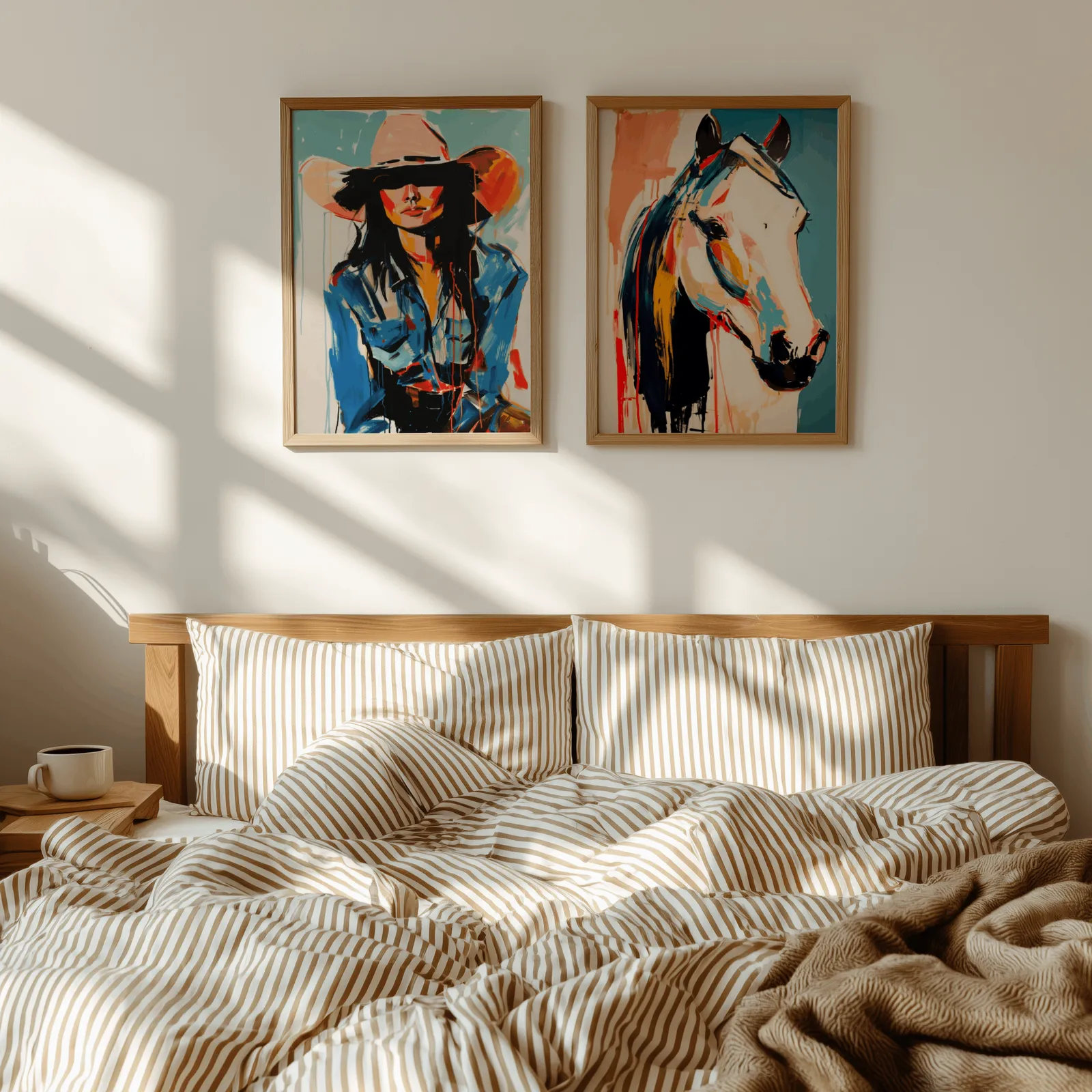 western cowgirl and horse wall art set of two, above a wooden headboard with striped bedding and raking sunlight