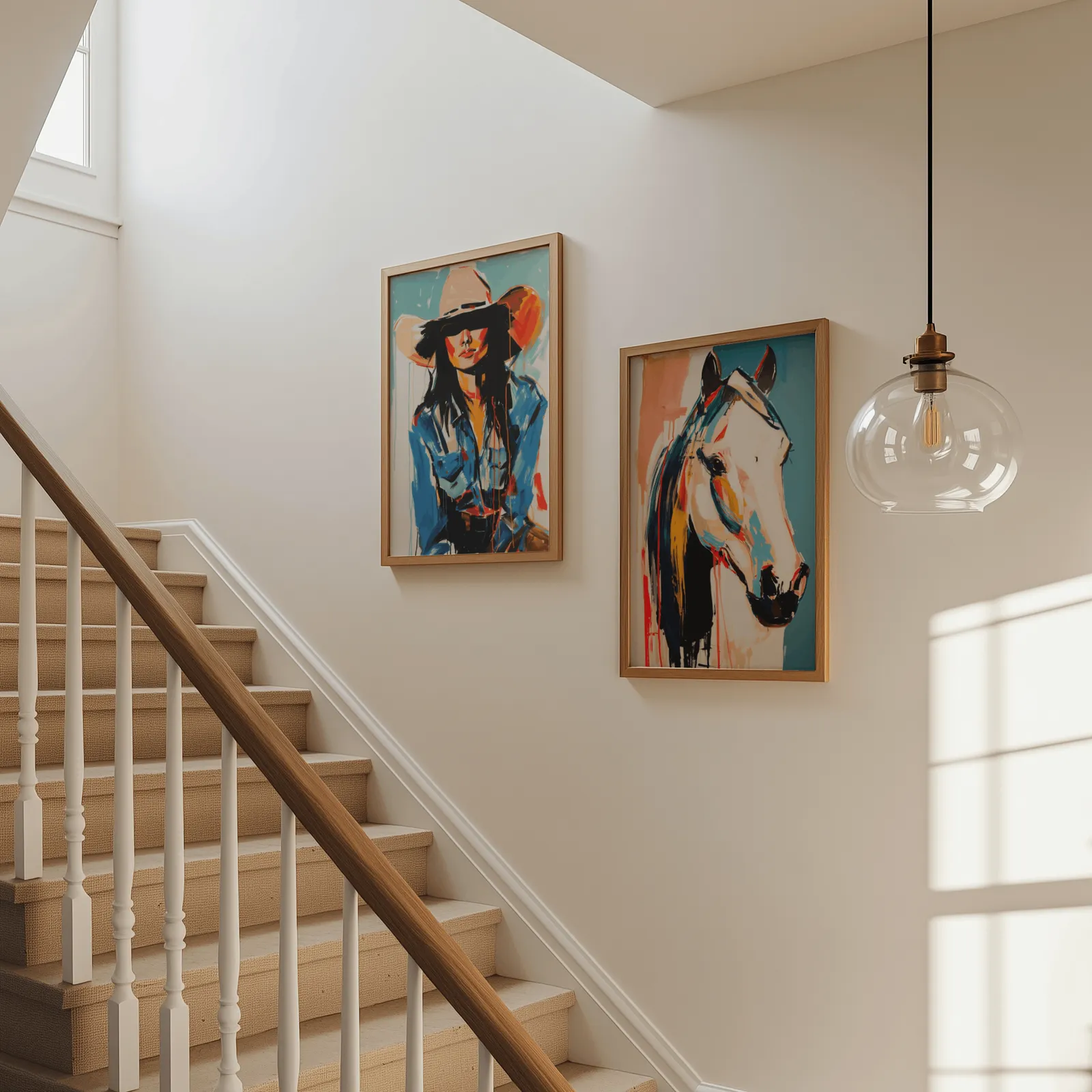 western cowgirl and horse wall art set of two, beside a carpeted staircase under a glass pendant light