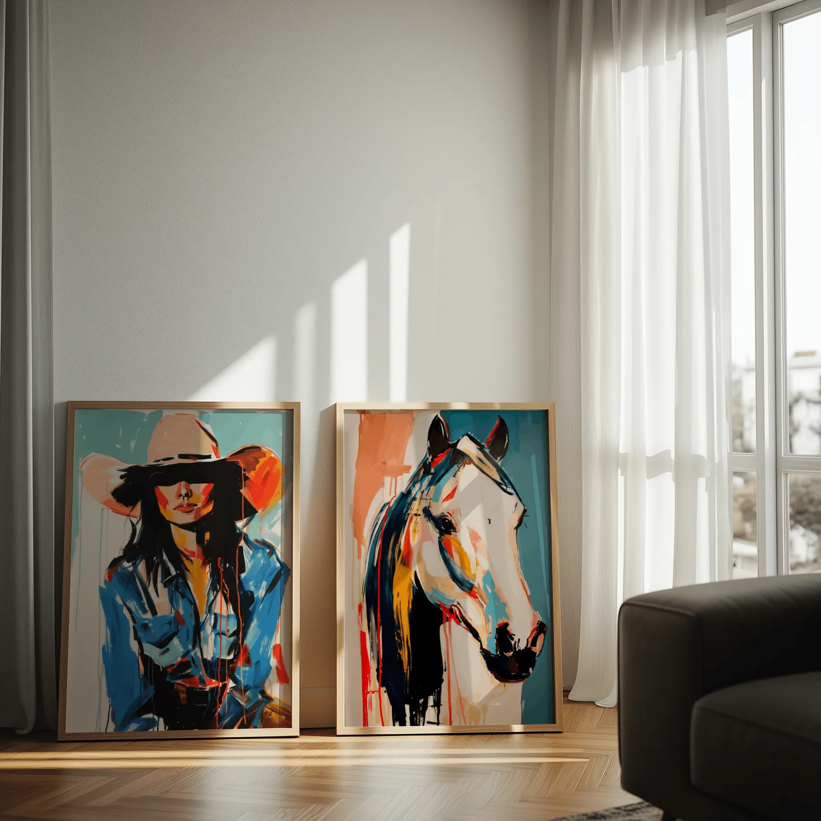 western cowgirl and horse wall art set of two, leaning against a sunlit wall by sheer curtains