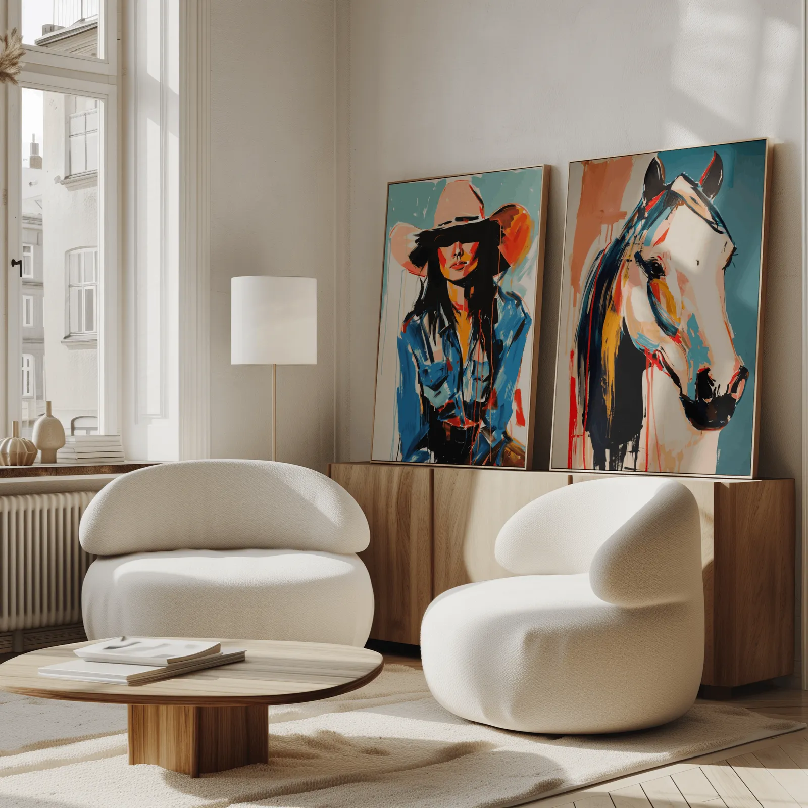western cowgirl and horse wall art set of two, propped against a wooden sideboard beside boucle armchairs