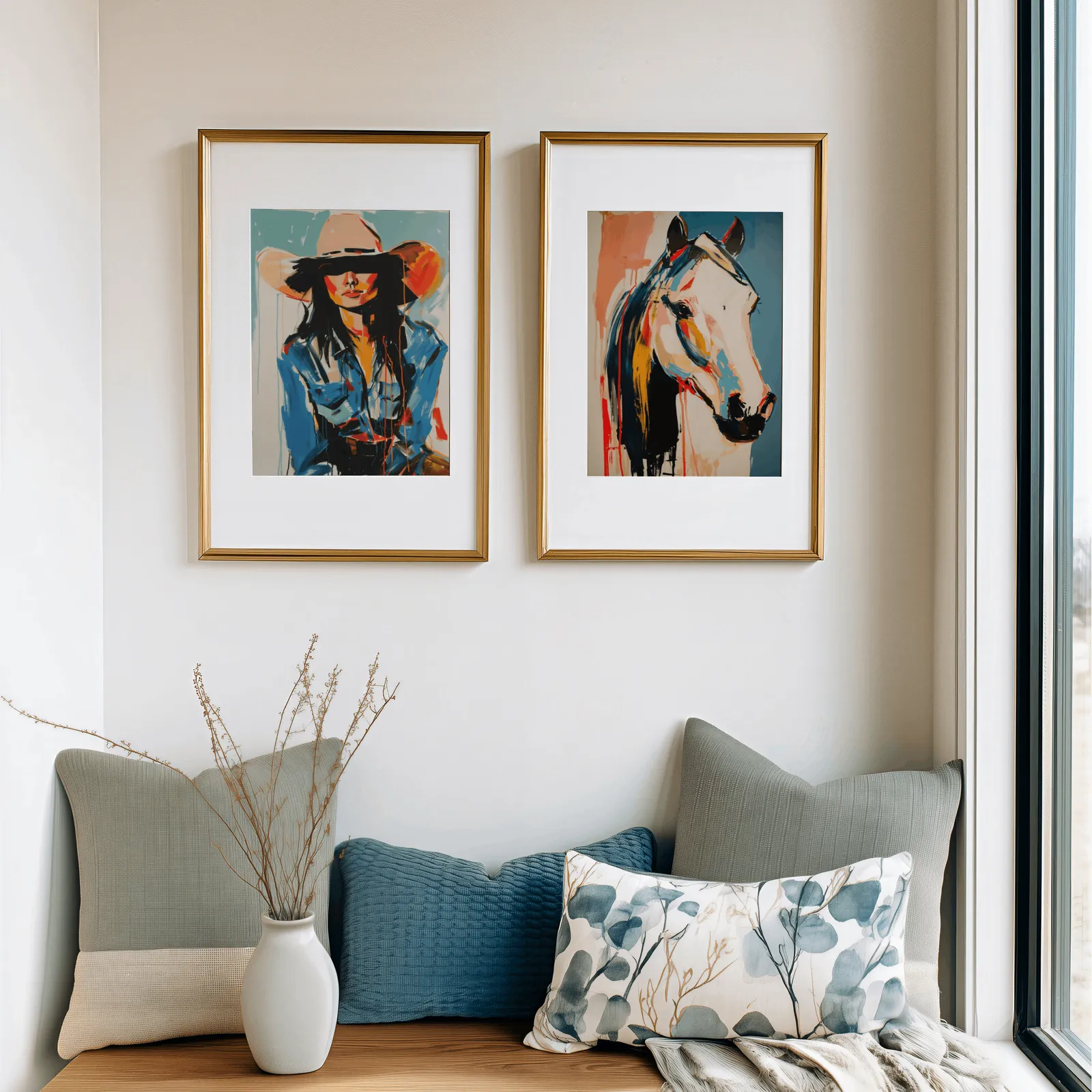 western cowgirl and horse wall art set of two, above a cushioned window seat with sage and blue pillows