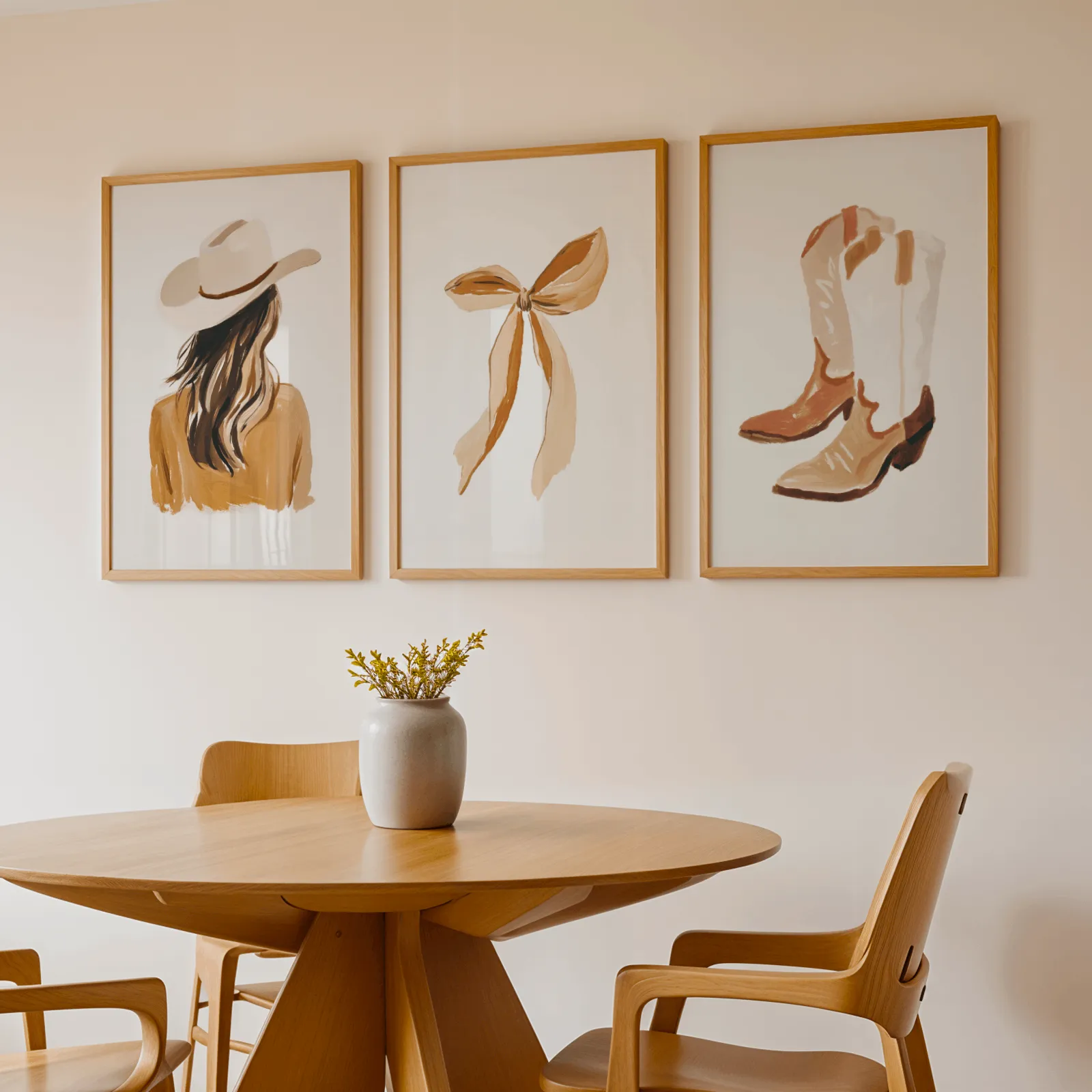 western cowgirl wall art set of three terracotta prints, above a round wooden table with a stoneware vase