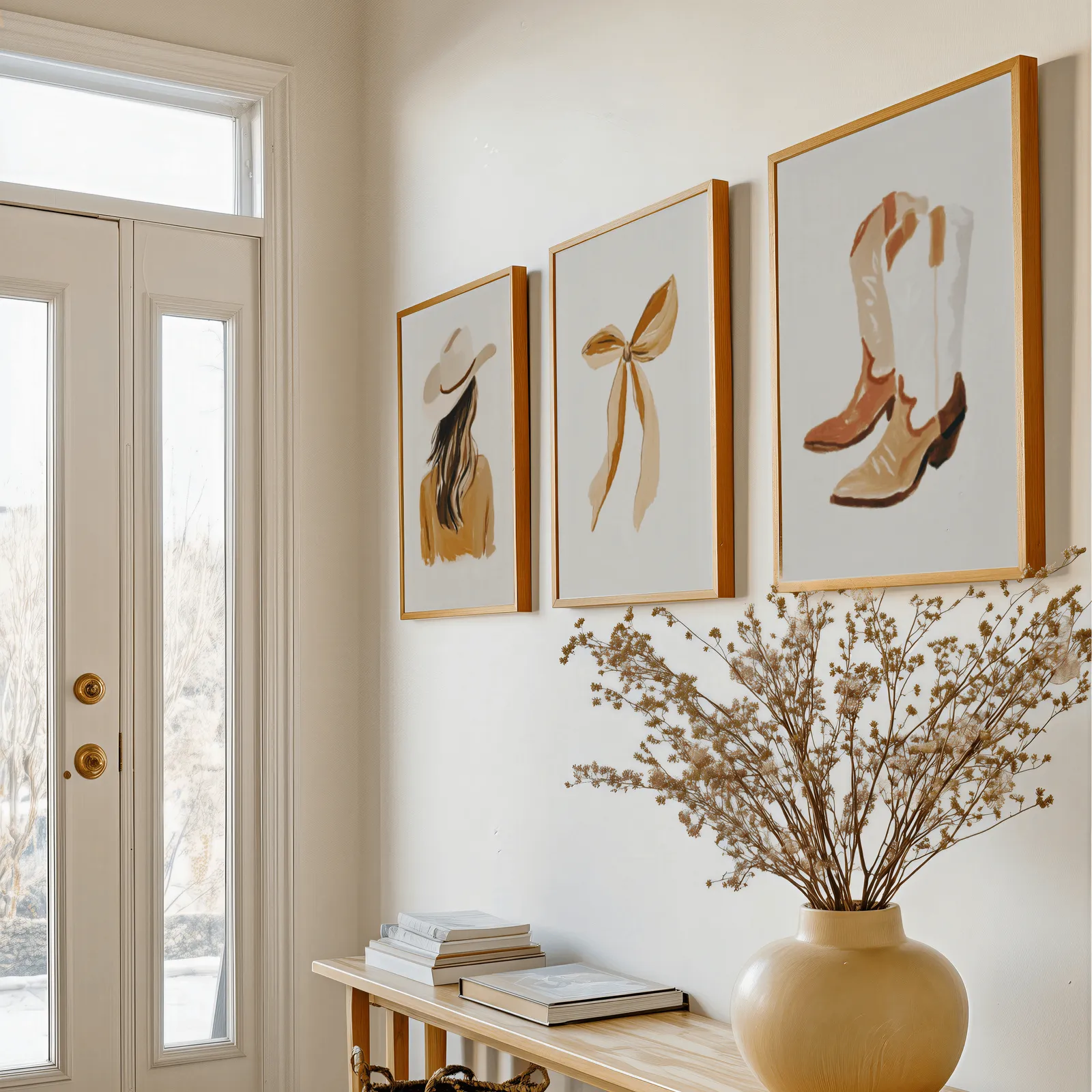 western cowgirl wall art set of three terracotta prints, above a console table with a yellow vase of dried branches