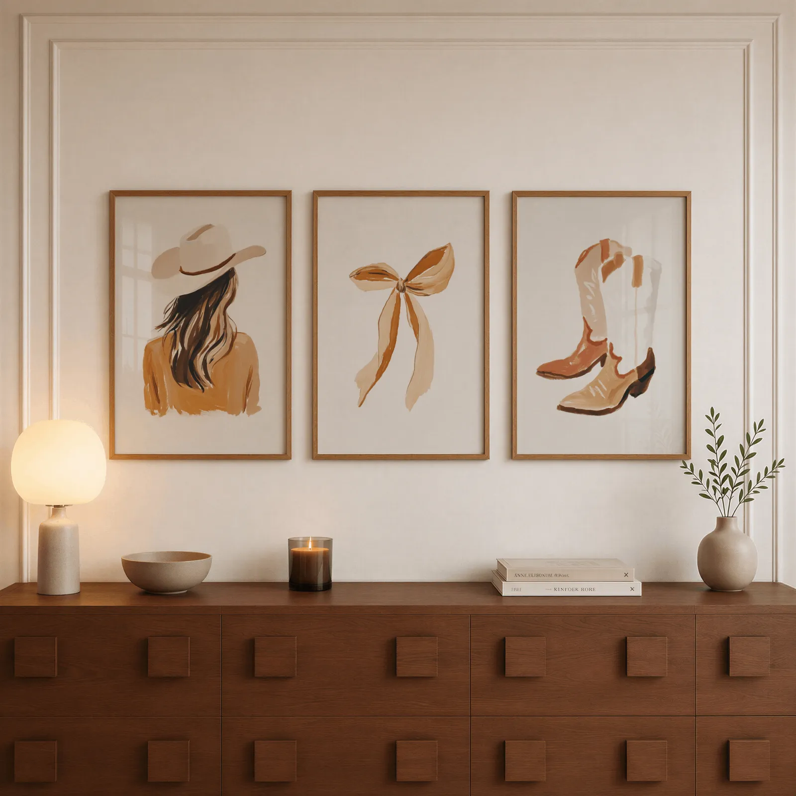 western cowgirl wall art set of three terracotta prints, above a walnut sideboard with a lit candle and glowing lamp