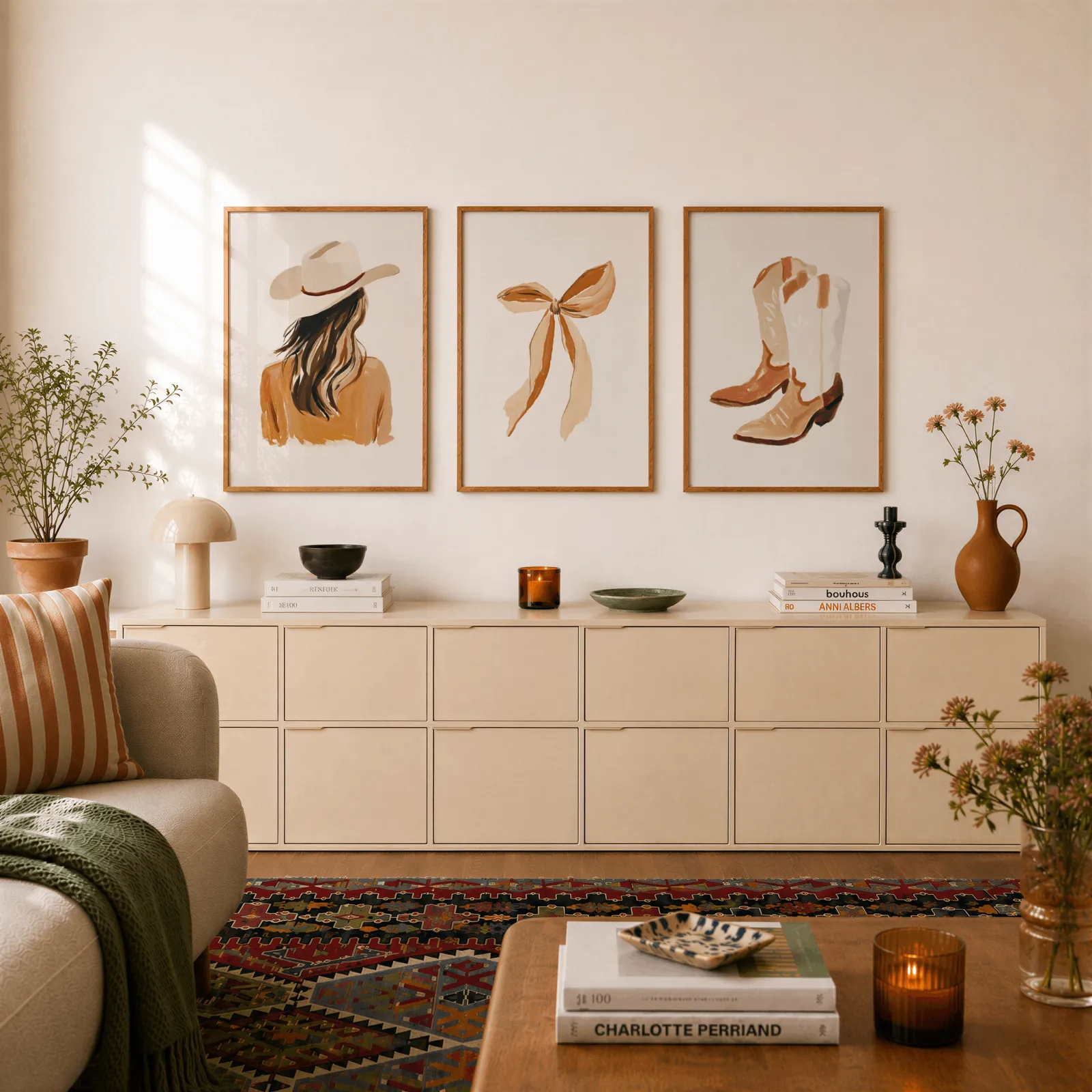 western cowgirl wall art set of three terracotta prints, above a long cream sideboard topped with books and a terracotta jug
