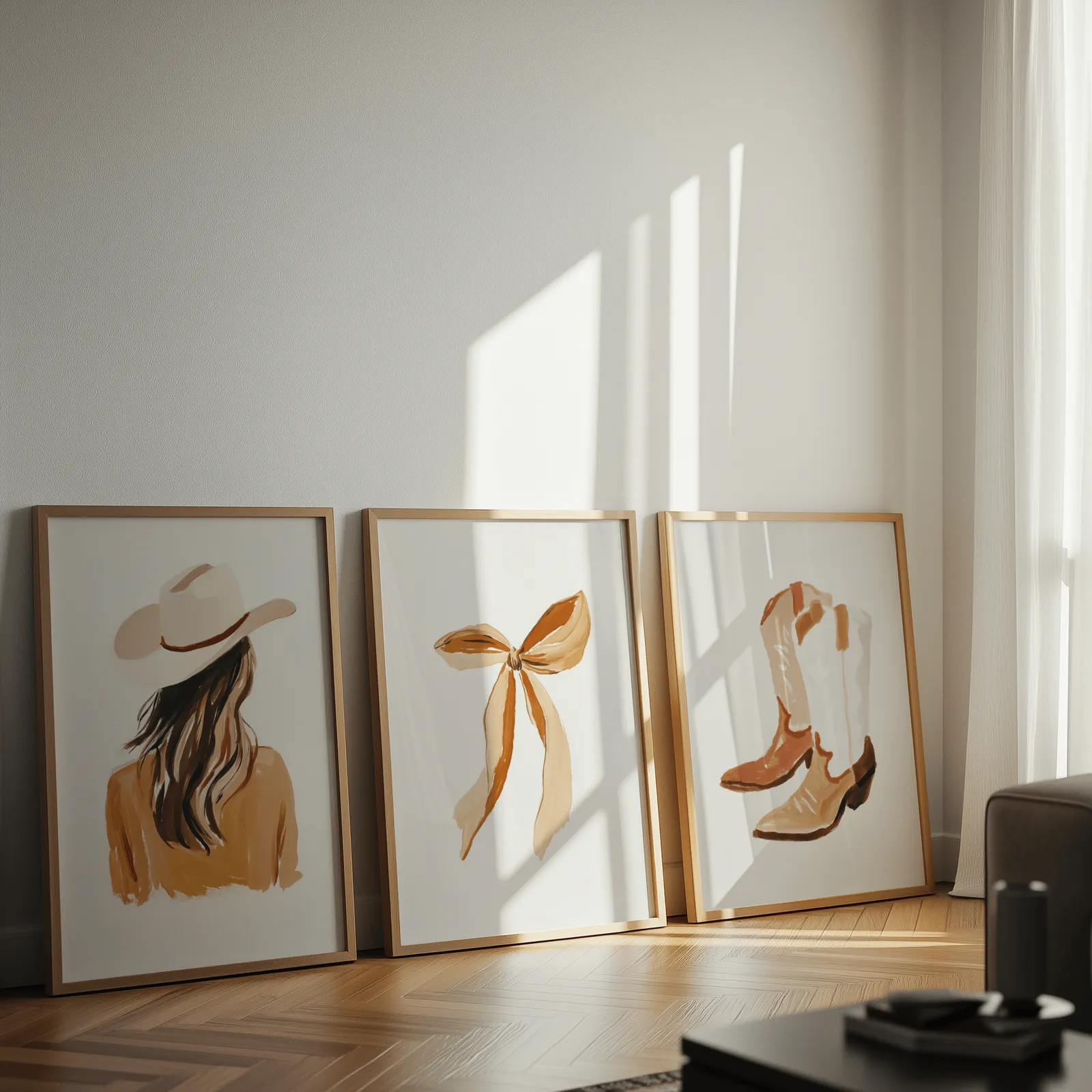 western cowgirl wall art set of three terracotta prints, leaning against a sunlit wall on herringbone flooring