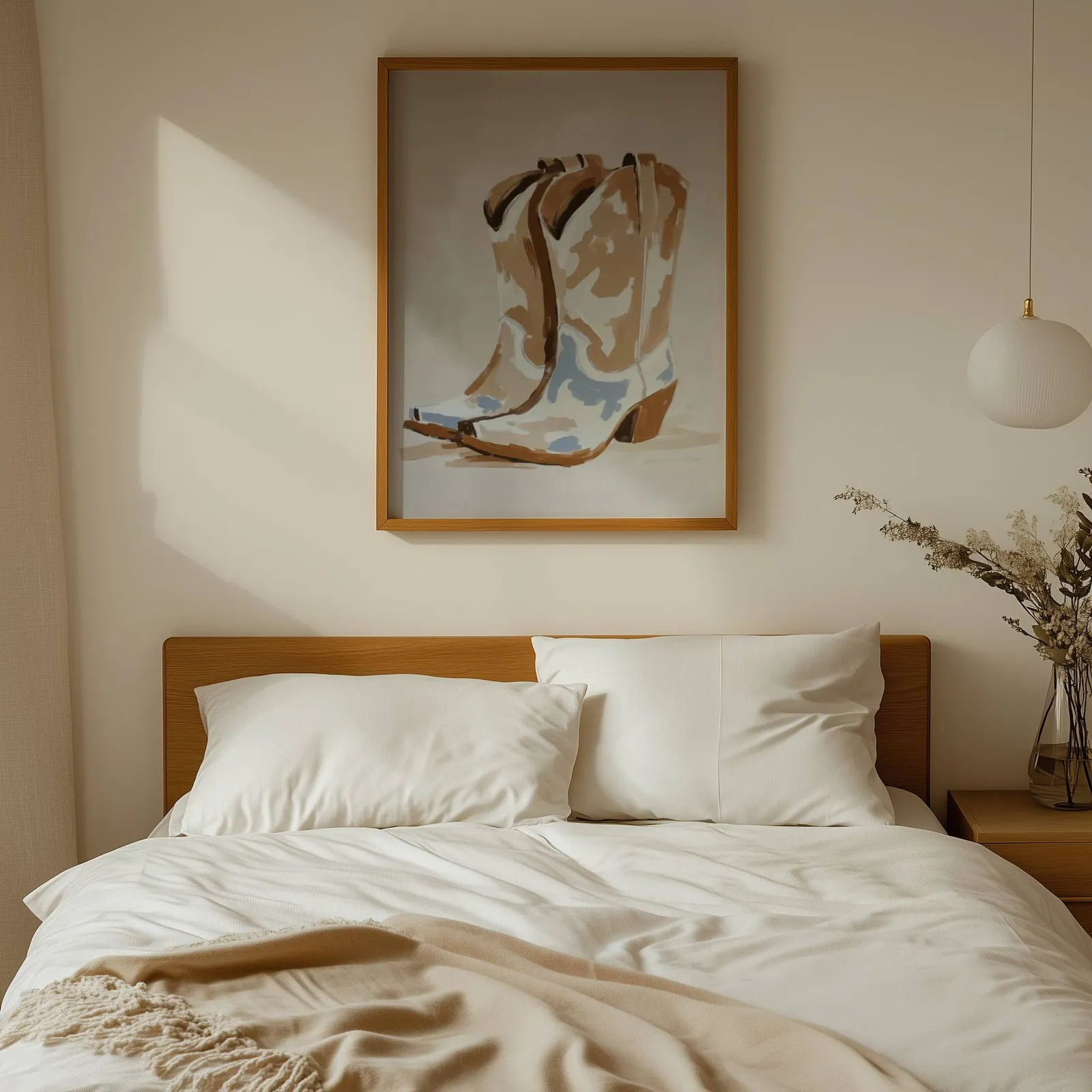 western cowgirl boots wall art in brown and beige, above a wooden headboard with white linen pillows