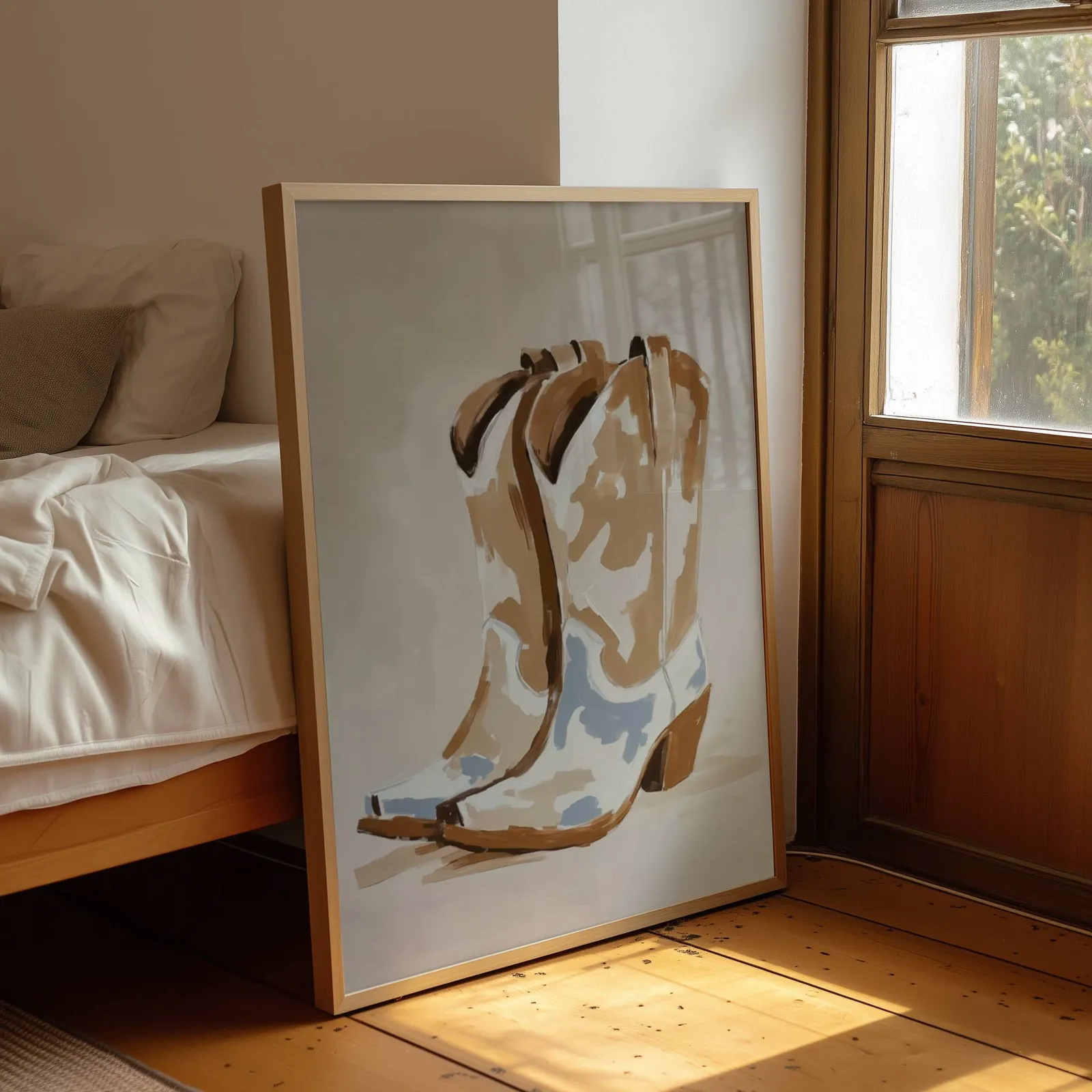western cowgirl boots wall art in brown and beige, leaning by a sunlit window beside an unmade bed