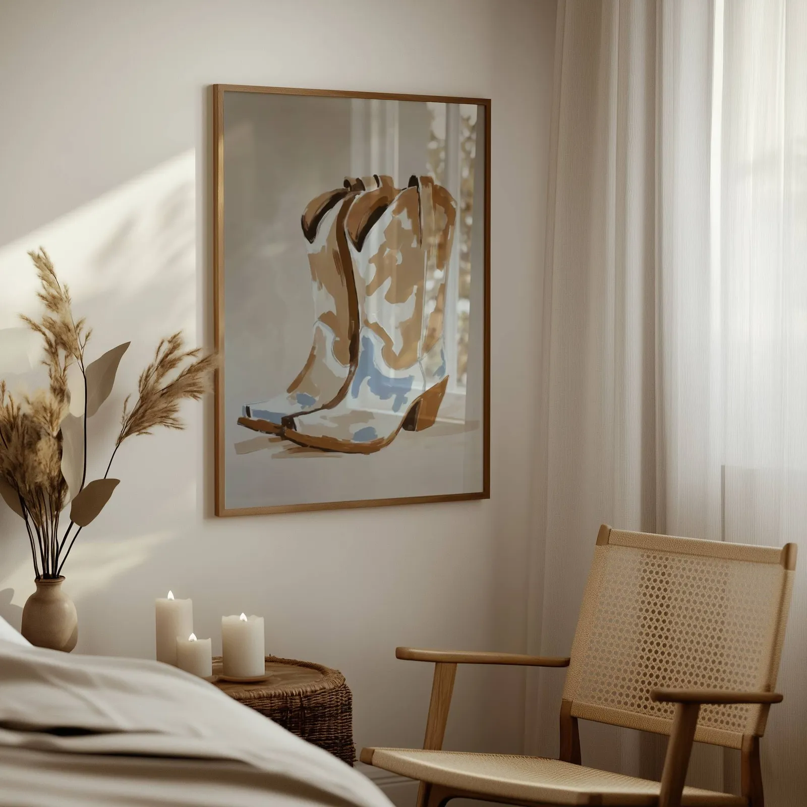 western cowgirl boots wall art in brown and beige, above a woven side table with lit candles and pampas grass