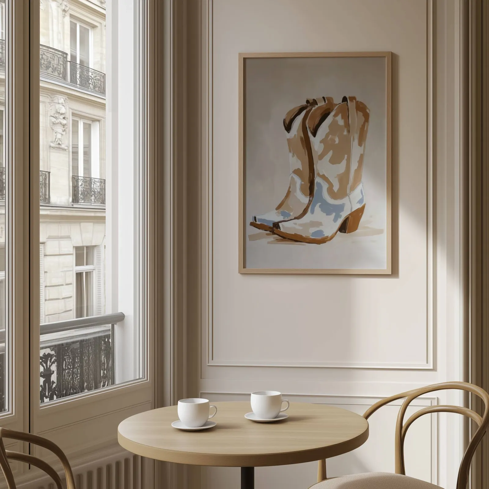 western cowgirl boots wall art in brown and beige, above a round café table set with two coffee cups