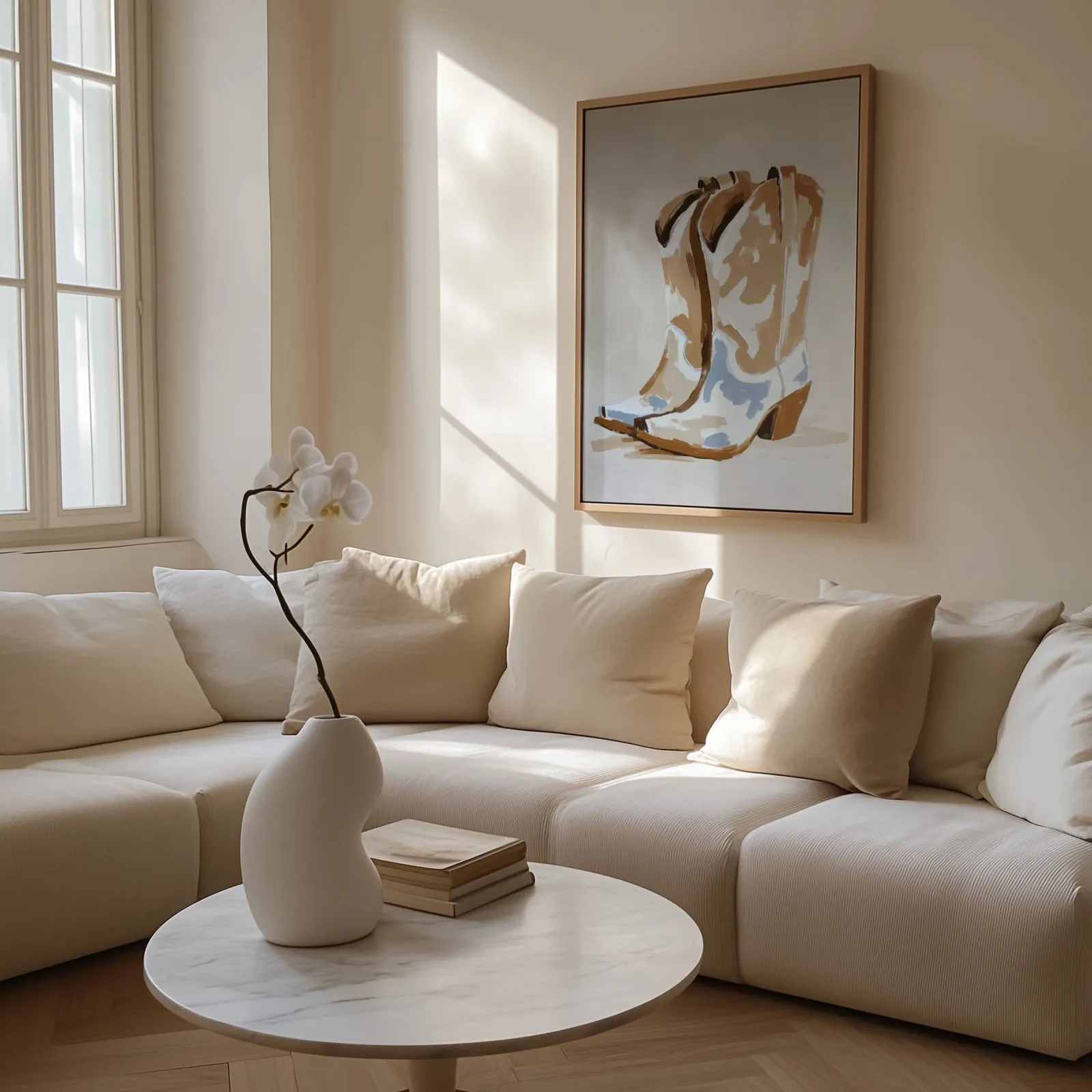 western cowgirl boots wall art in brown and beige, above a cream sectional beside a tall sunlit window