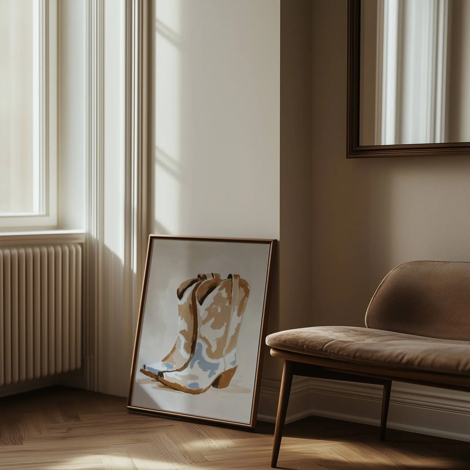western cowgirl boots wall art in brown and beige, leaning against the wall beside a sunlit radiator and herringbone floor