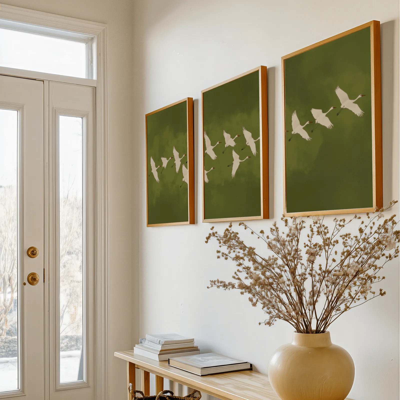 green crane wall art set of 3, above a console table with a yellow vase of dried branches