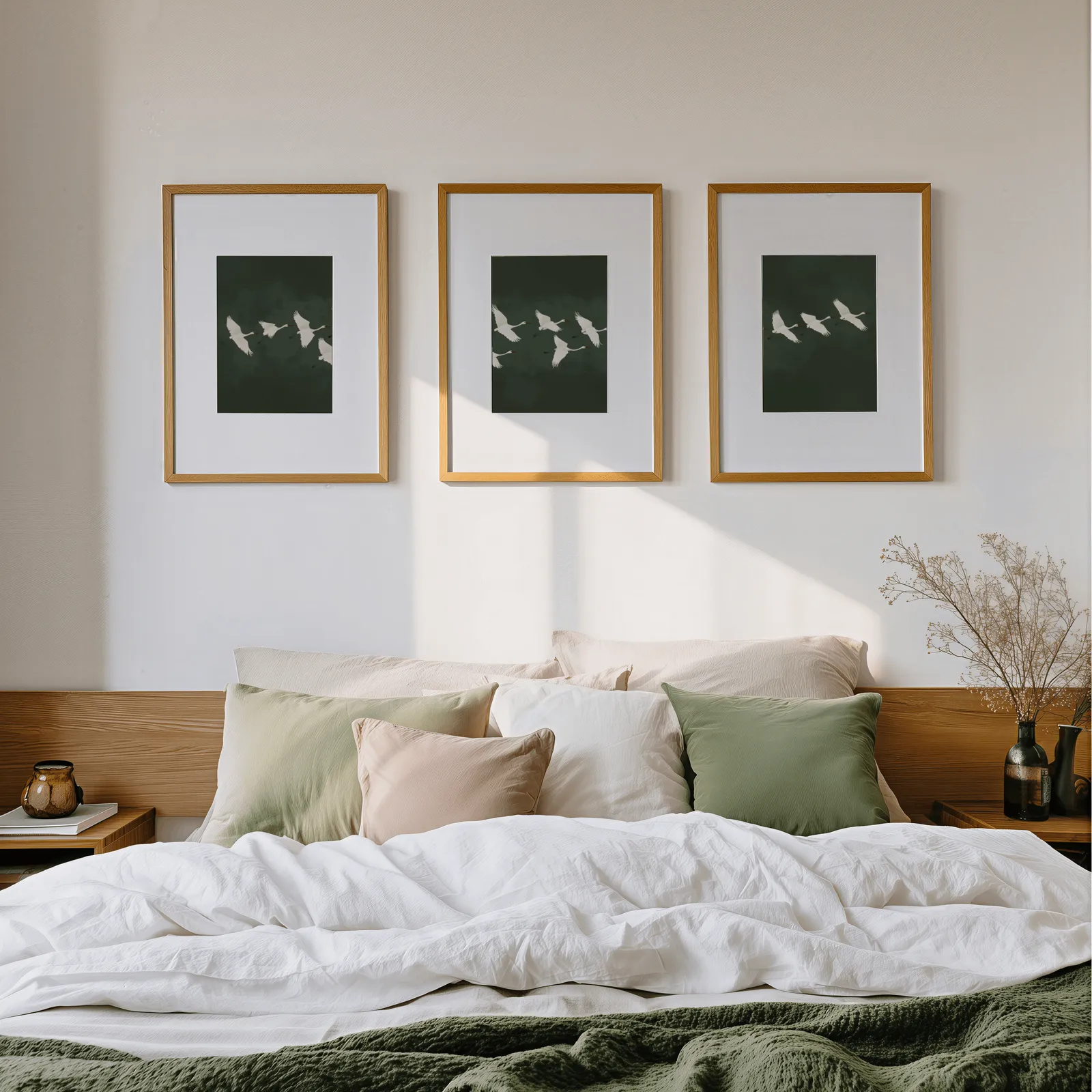 green crane wall art set of 3, above a wooden headboard scattered with sage and blush pillows