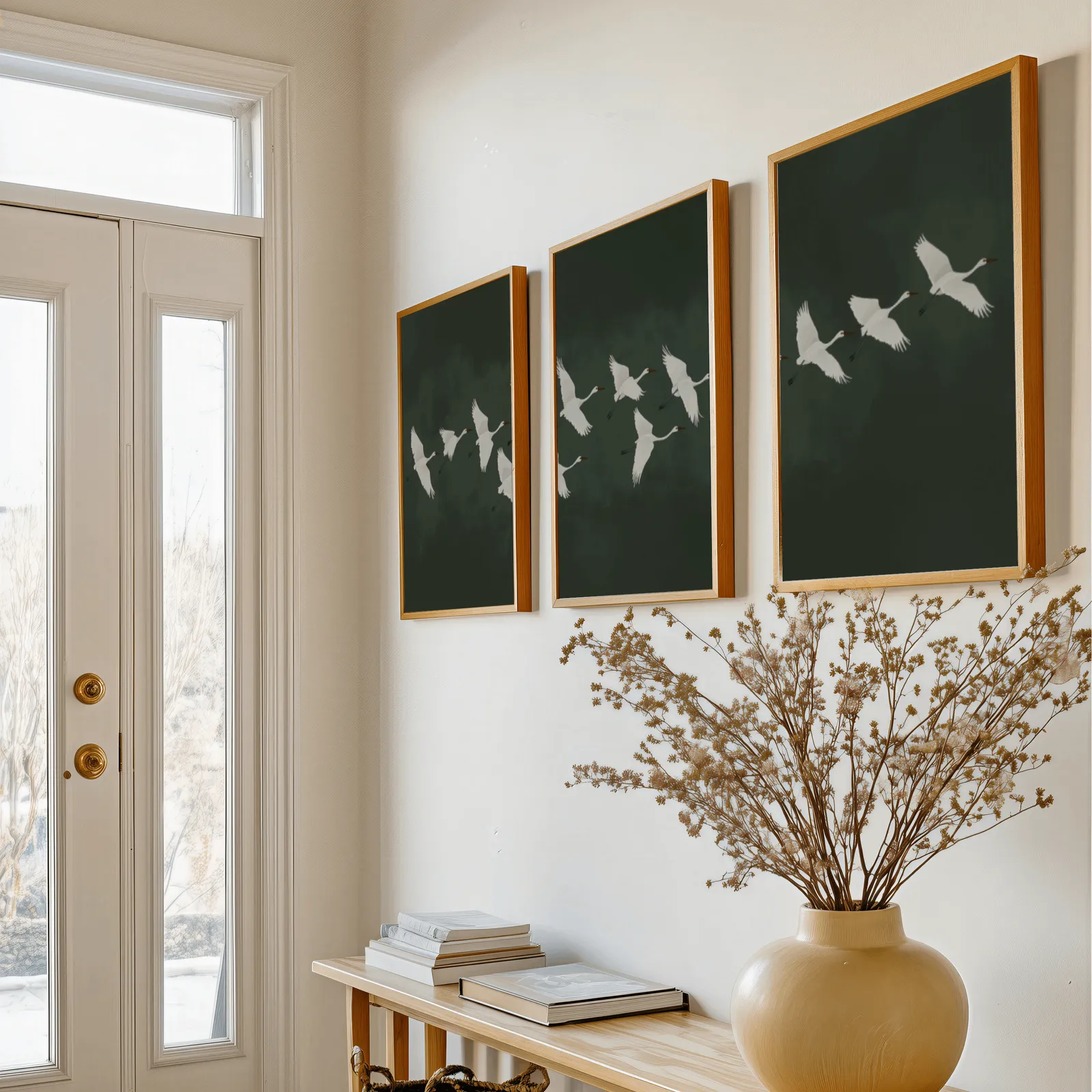 green crane wall art set of 3, above a console table with a yellow vase of dried branches
