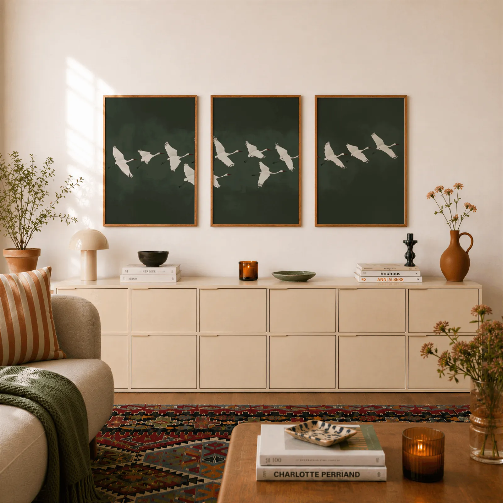 green crane wall art set of 3, above a long cream sideboard topped with books and a terracotta jug