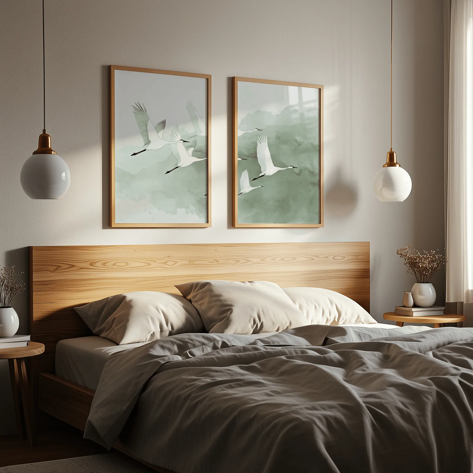 green crane wall art set of two prints, above a wooden headboard flanked by globe pendant lights