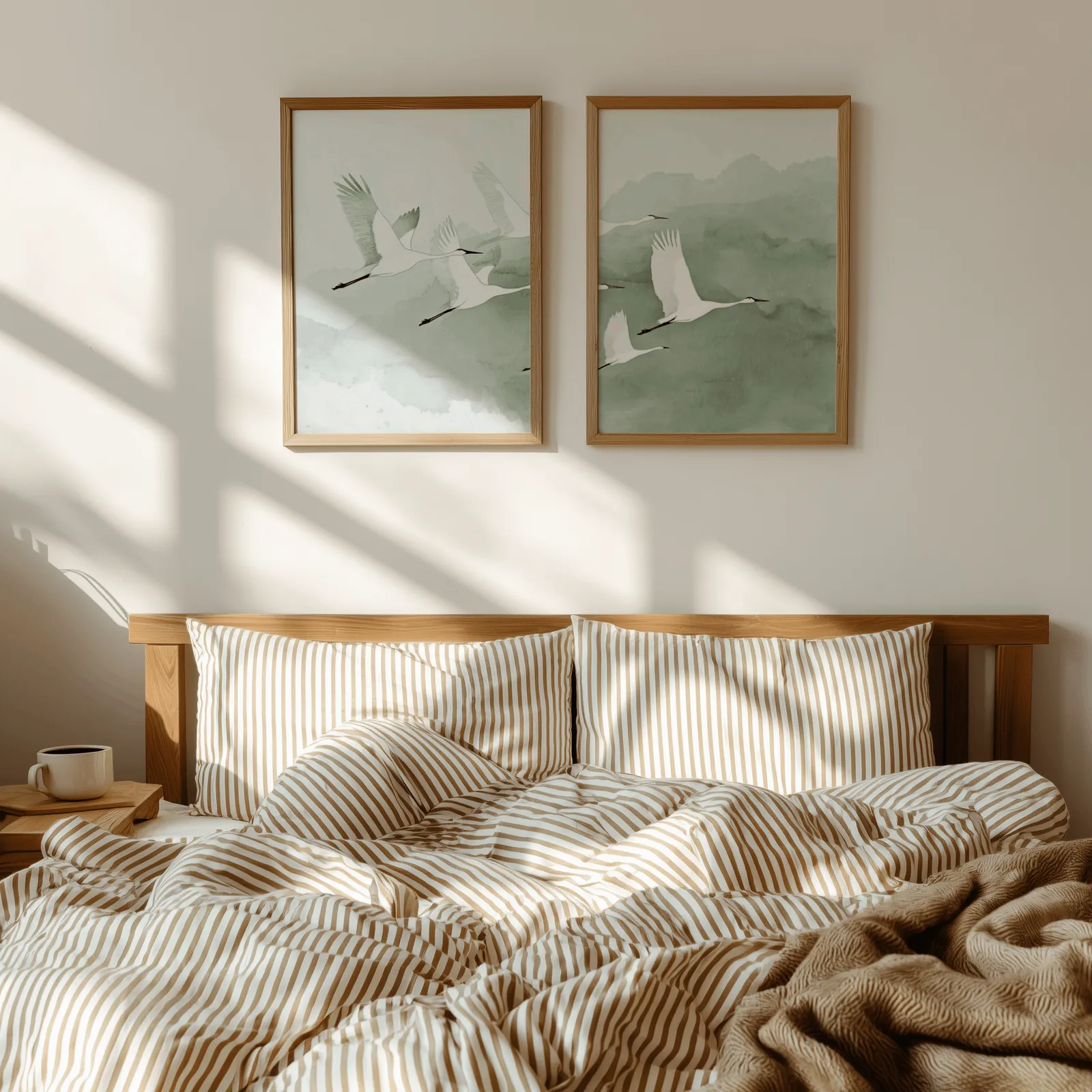 green crane wall art set of two prints, above a wooden headboard with striped bedding and raking sunlight