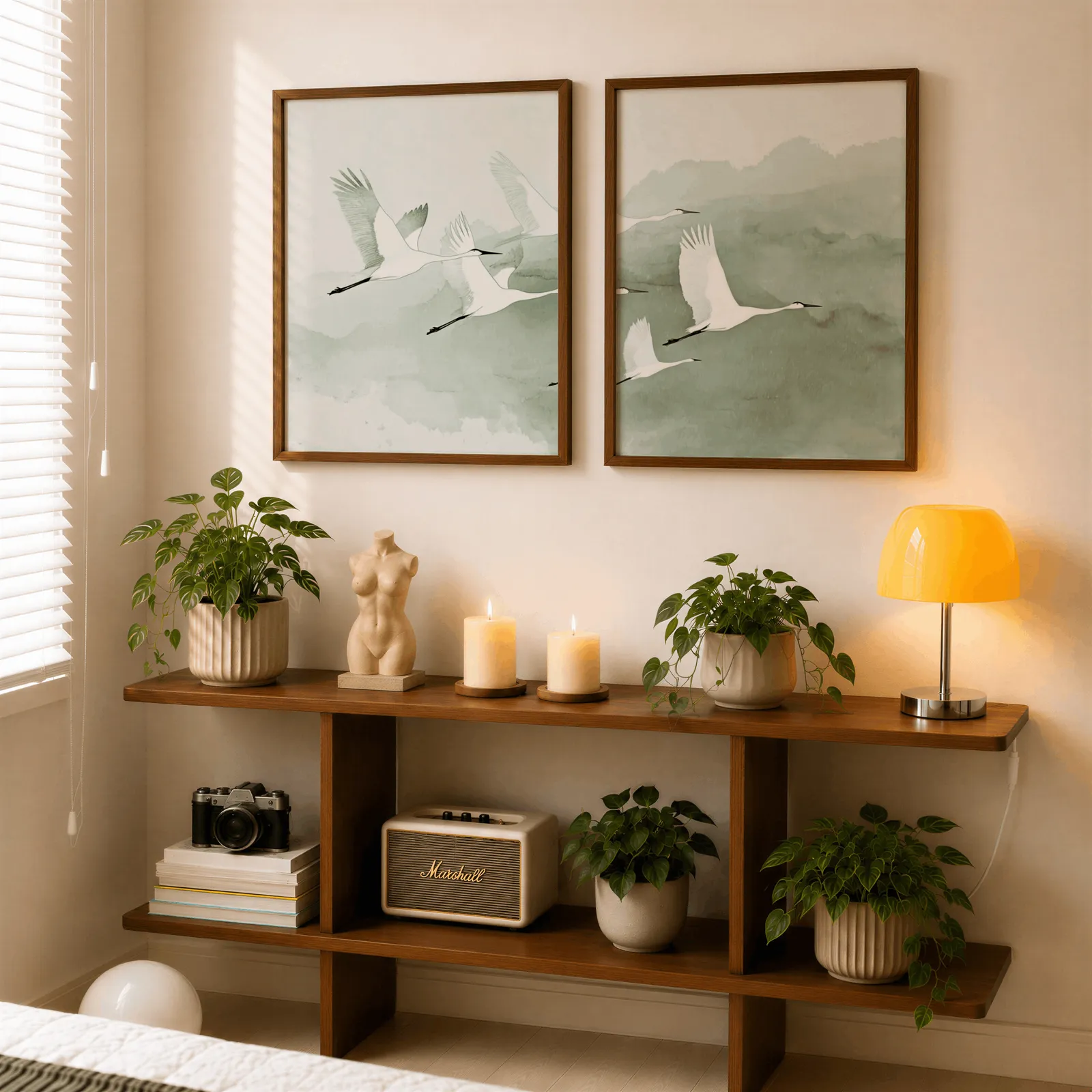 green crane wall art set of two prints, above a wooden console shelf with potted plants and a yellow lamp