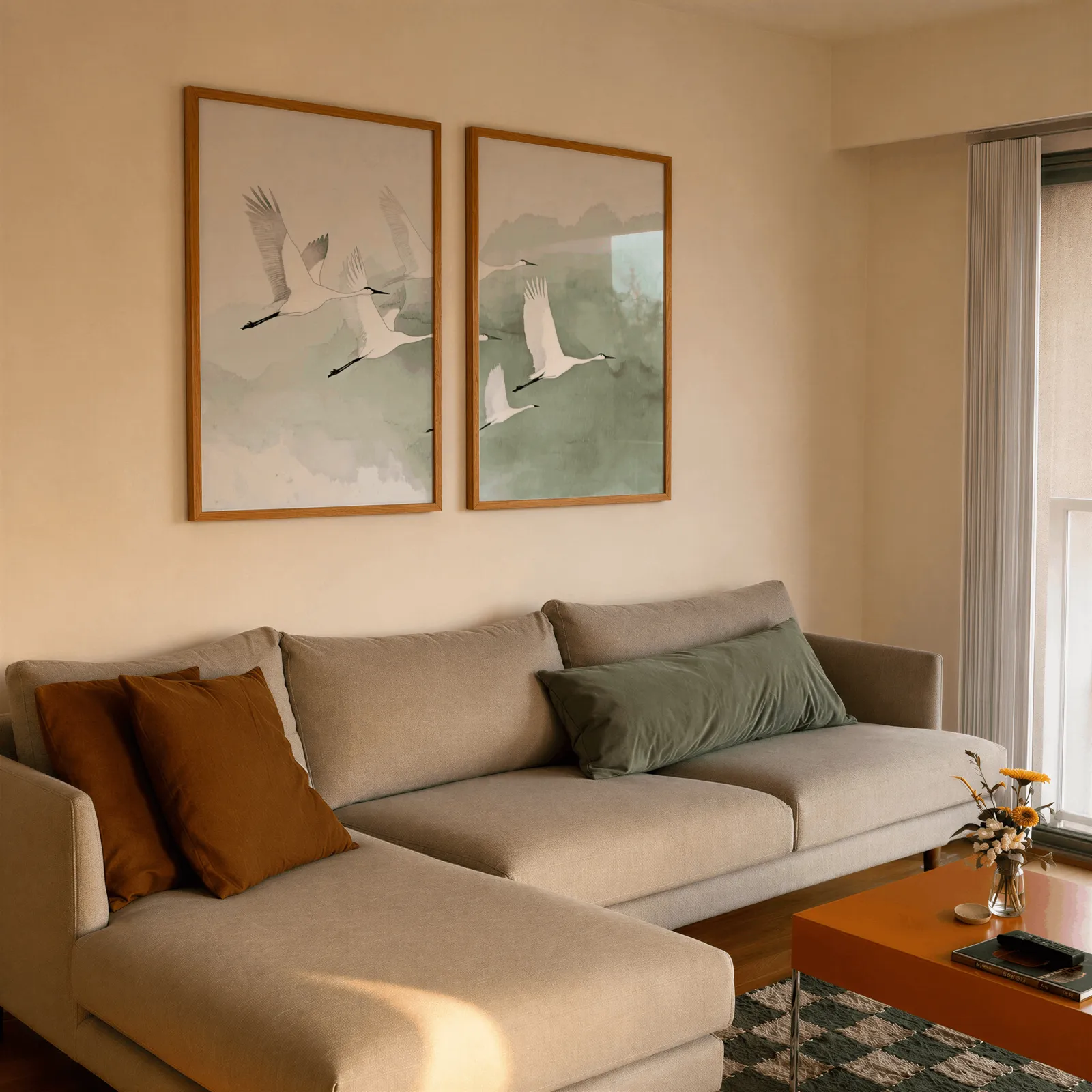 green crane wall art set of two prints, side by side above a beige sectional sofa