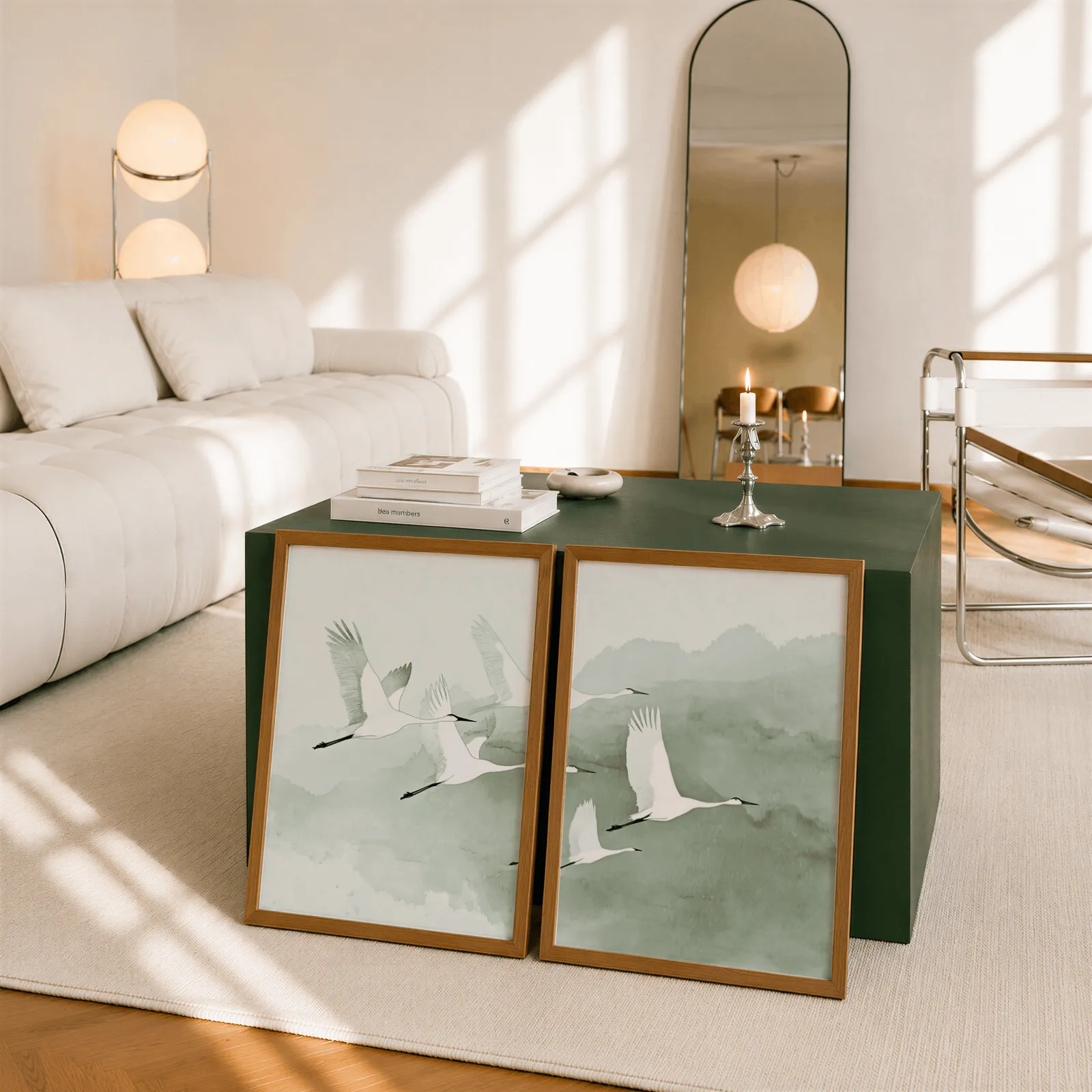 green crane wall art set of two prints, leaning against a dark green cube table beside an arched mirror