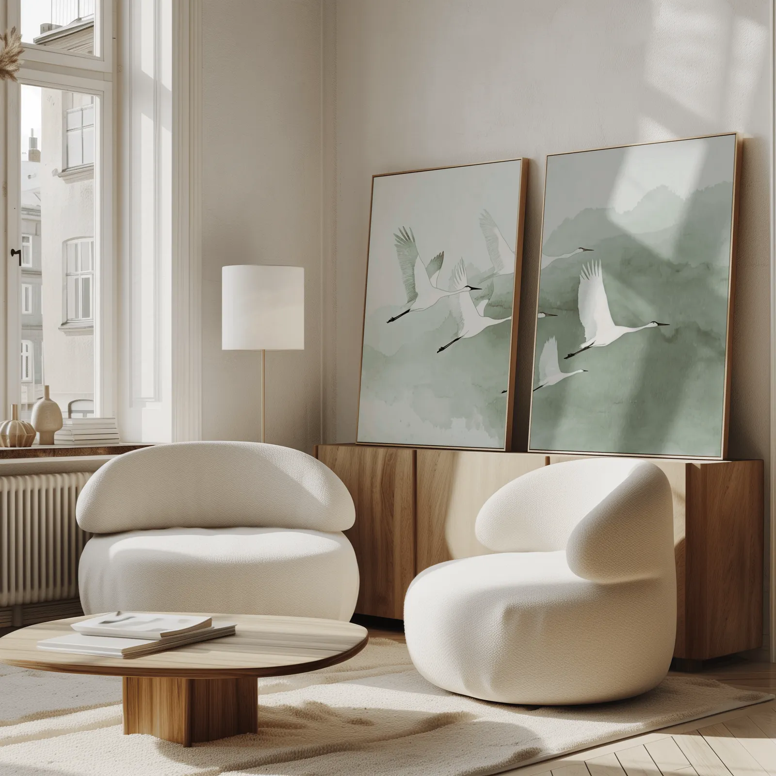 green crane wall art set of two prints, propped against a wooden sideboard beside boucle armchairs