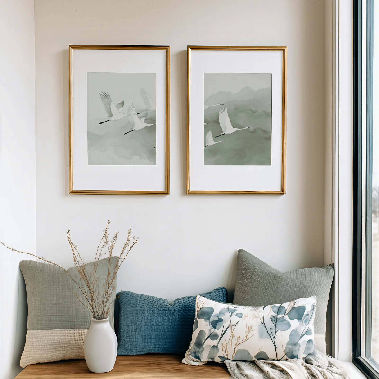 green crane wall art set of two prints, above a cushioned window seat with sage and blue pillows