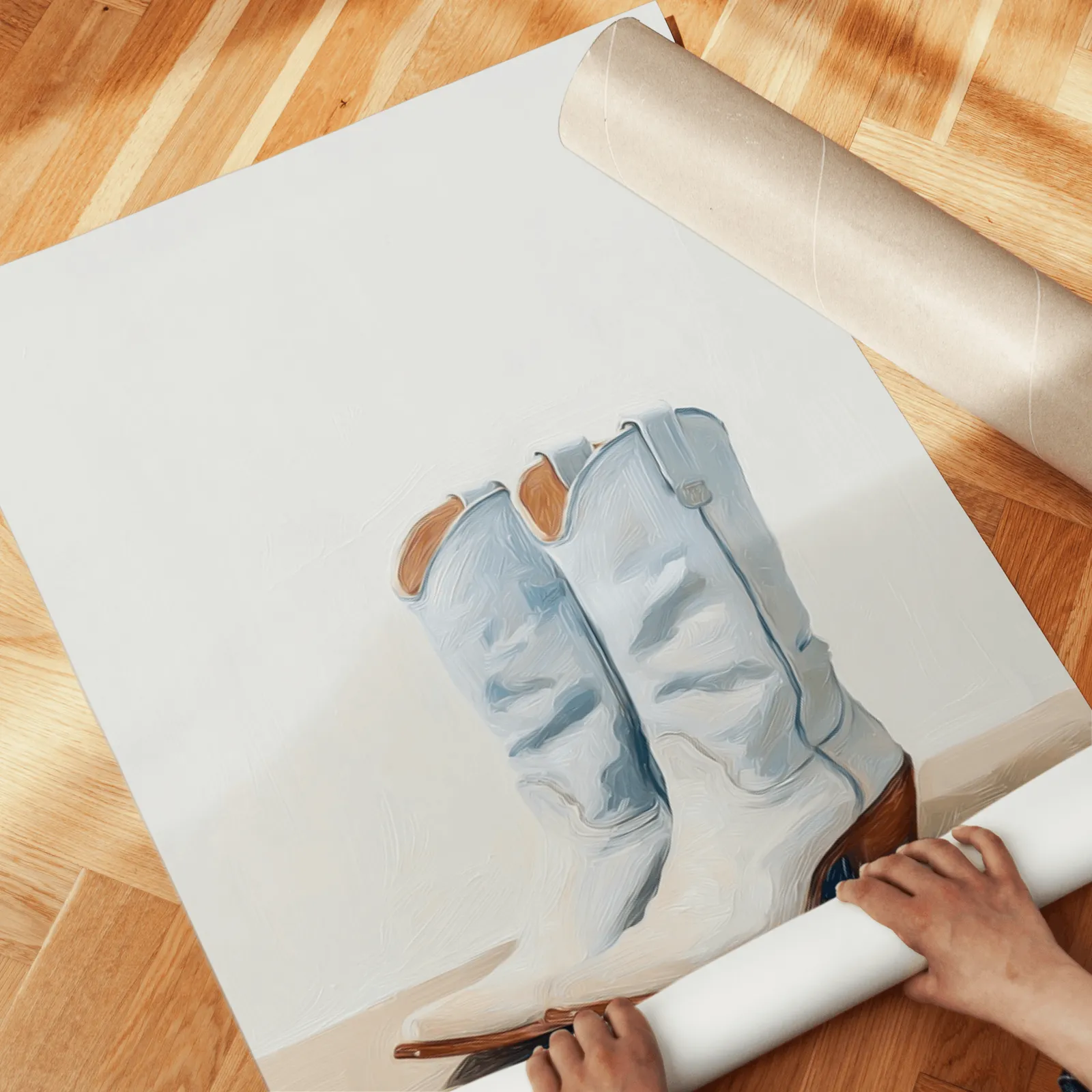 western cowgirl wall art set with boots and bow, unrolled across a herringbone wood floor by hand