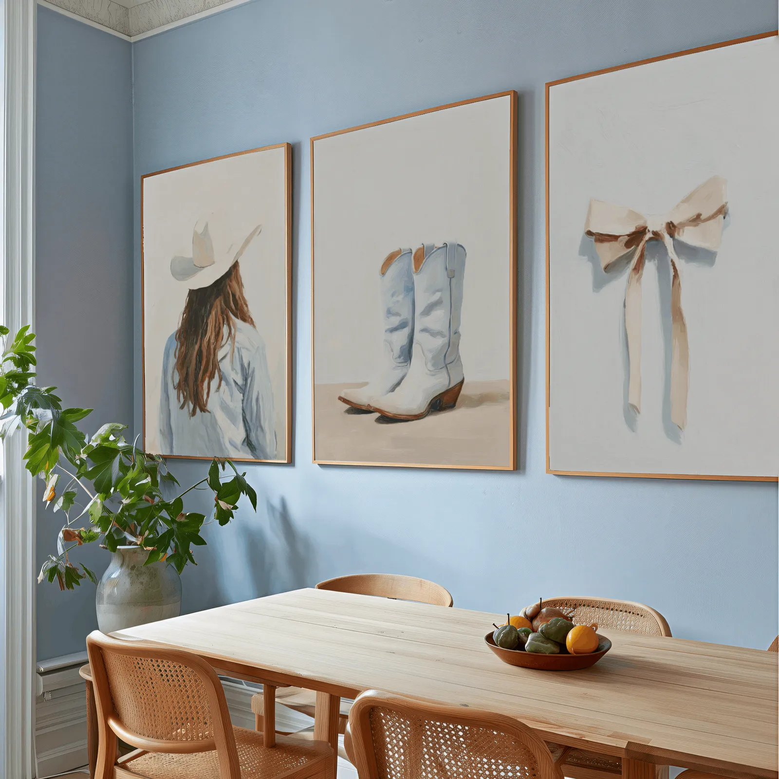western cowgirl wall art set with boots and bow, above a wooden dining table with cane chairs and a fruit bowl