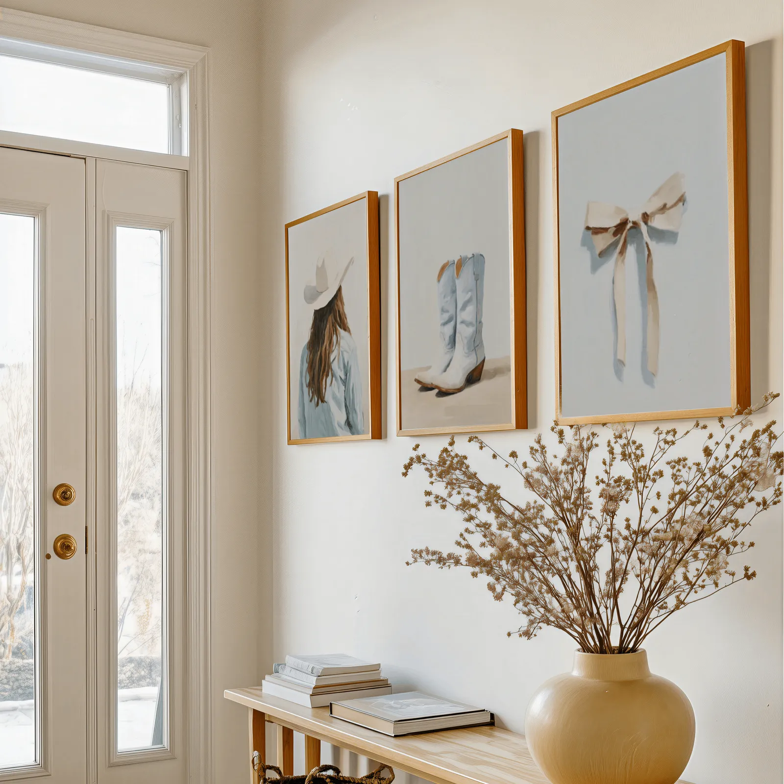 western cowgirl wall art set with boots and bow, above a console table with a yellow vase of dried branches
