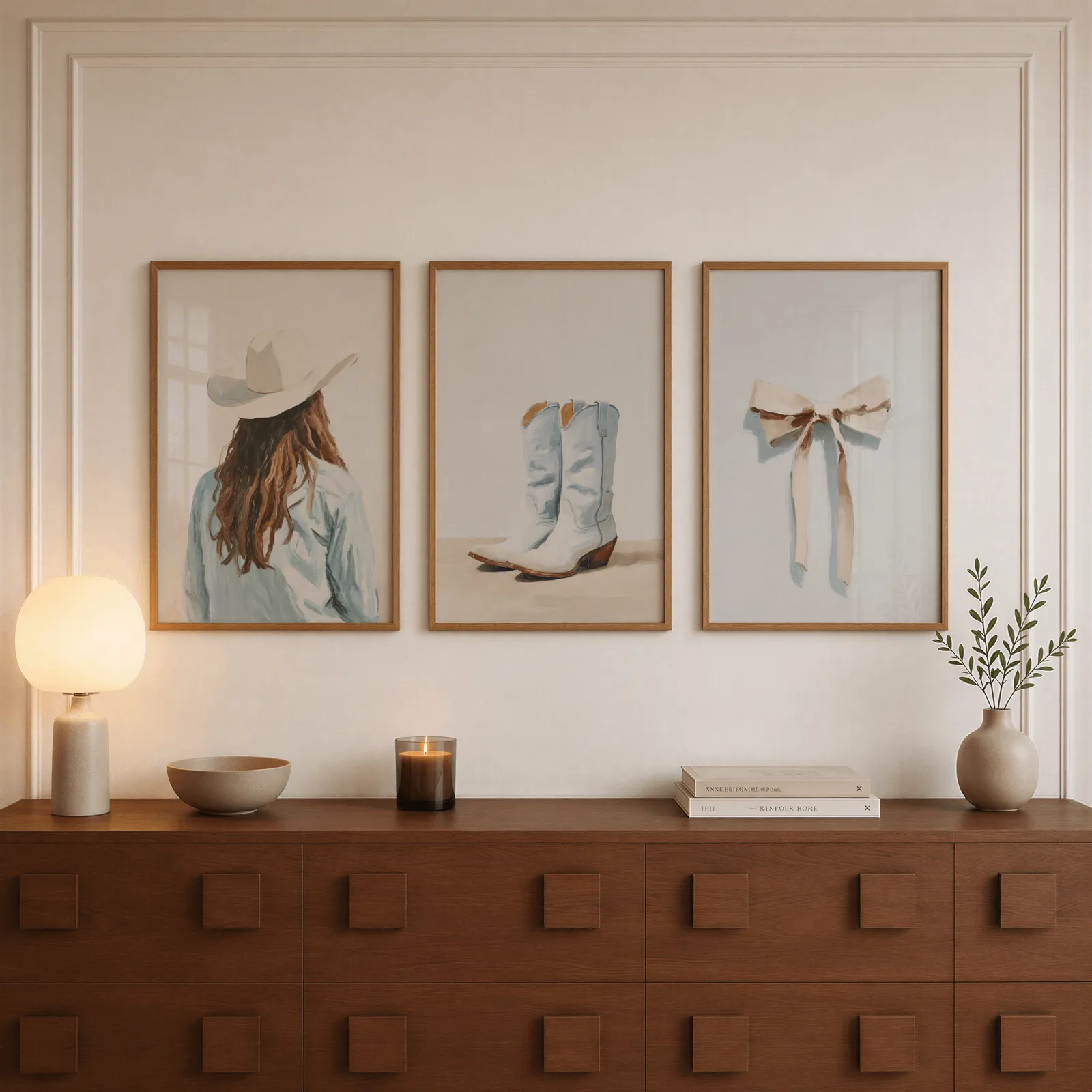 western cowgirl wall art set with boots and bow, above a walnut sideboard with a lit candle and glowing lamp