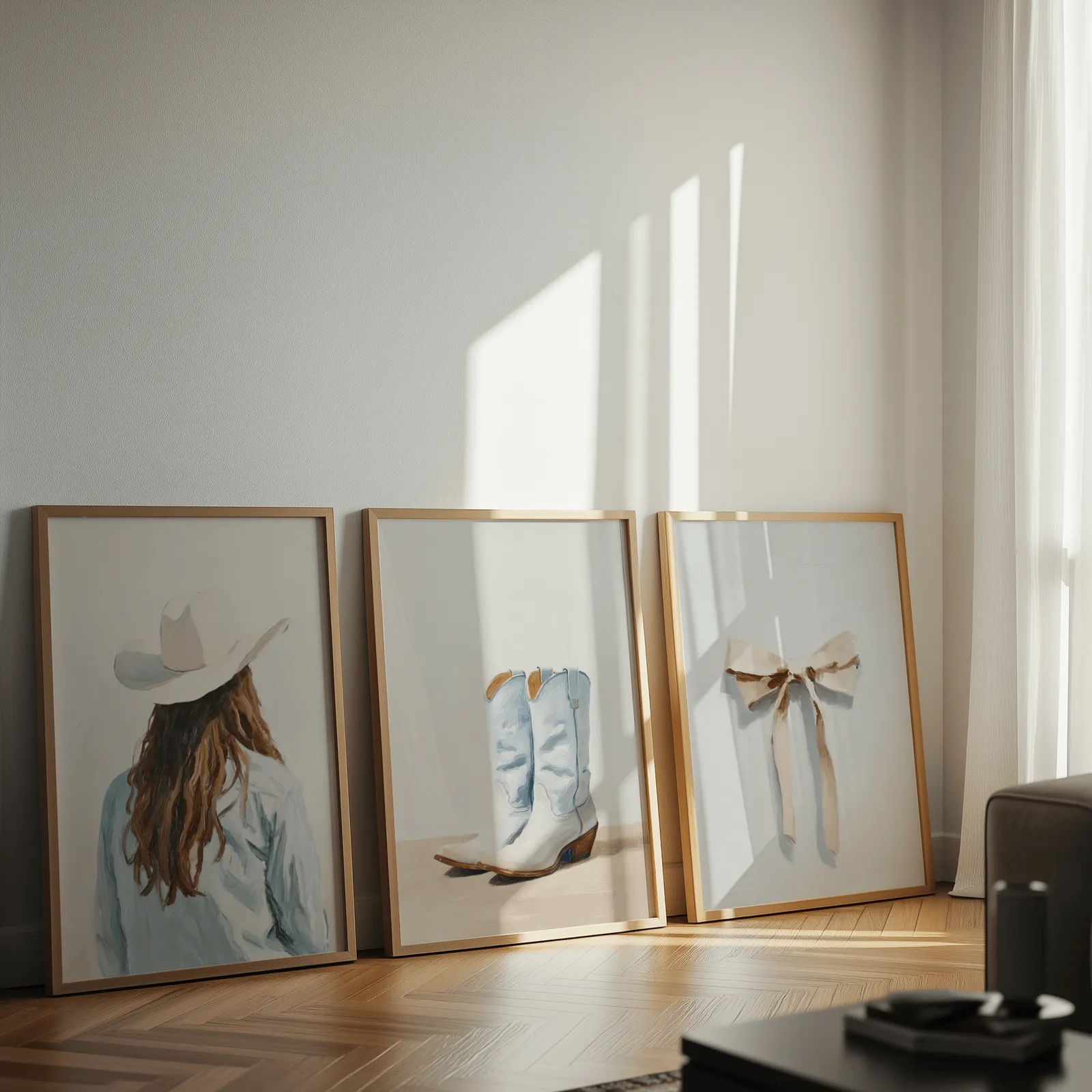 western cowgirl wall art set with boots and bow, leaning against a sunlit wall on herringbone flooring