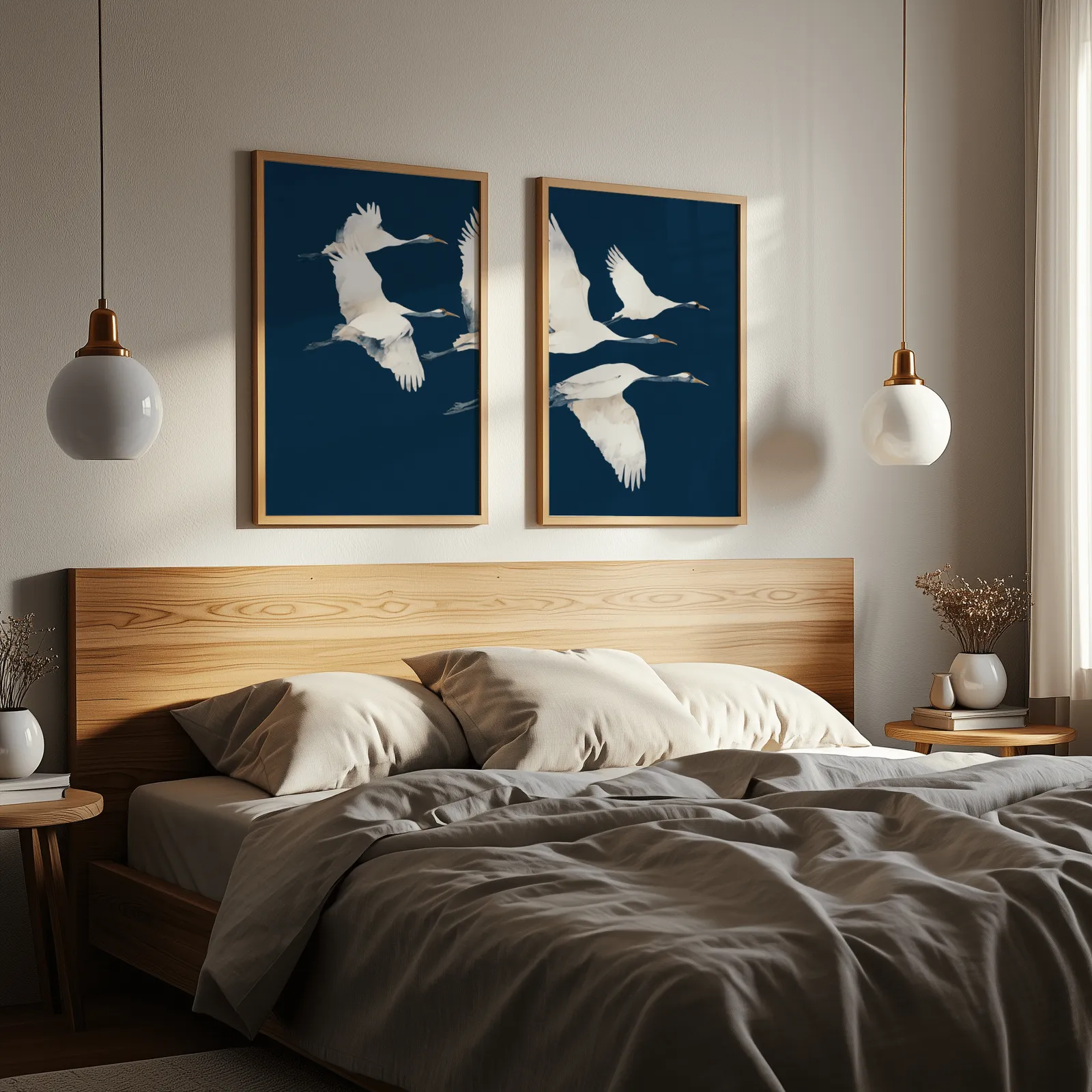 blue crane wall art set of two prints, above a wooden headboard flanked by globe pendant lights