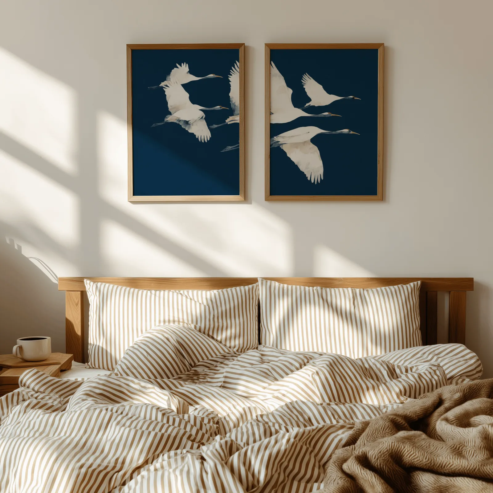 blue crane wall art set of two prints, above a wooden headboard with striped bedding and raking sunlight