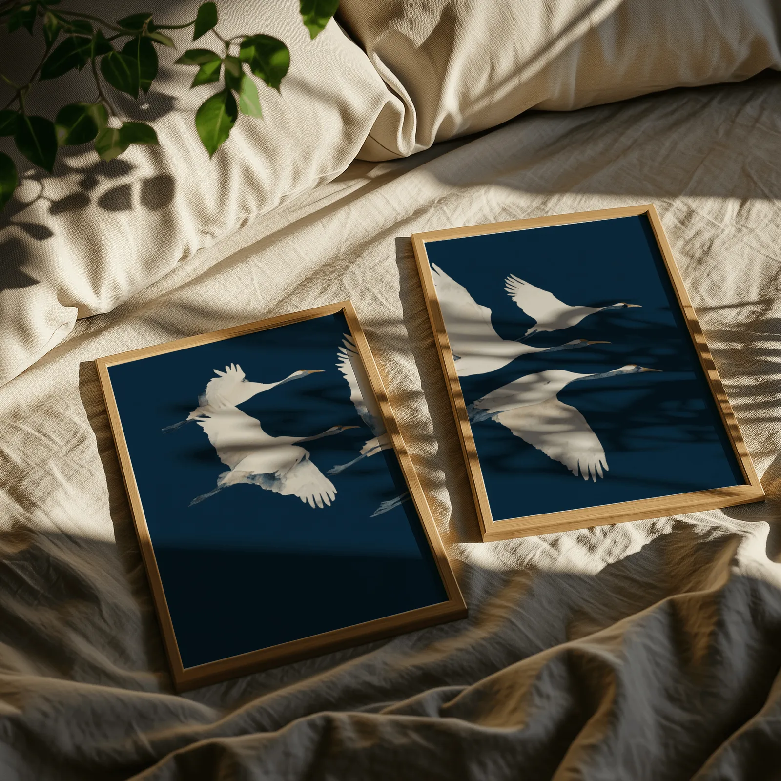 blue crane wall art set of two prints, resting on rumpled linen sheets with dappled leaf shadows
