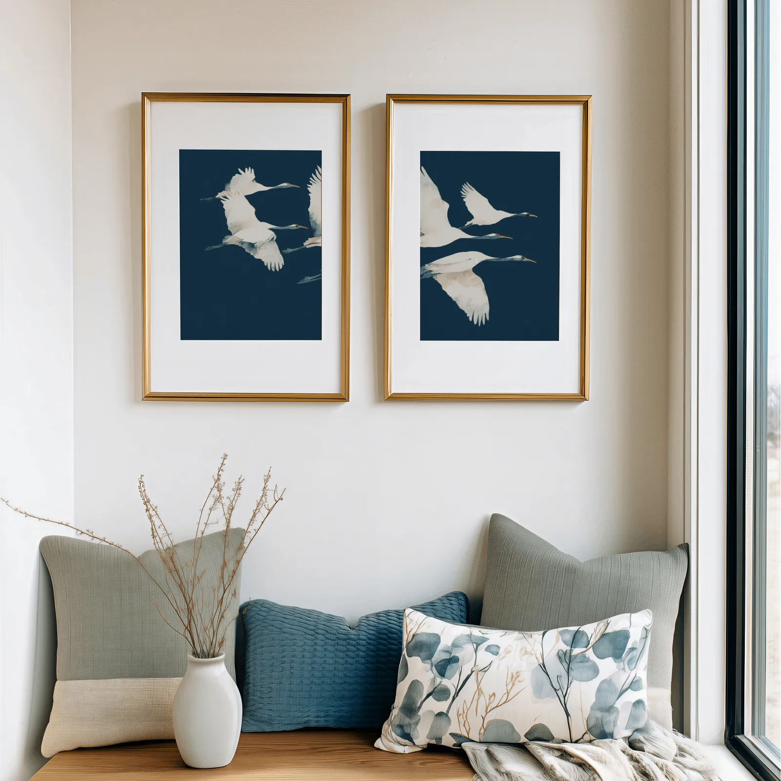 blue crane wall art set of two prints, above a cushioned window seat with sage and blue pillows