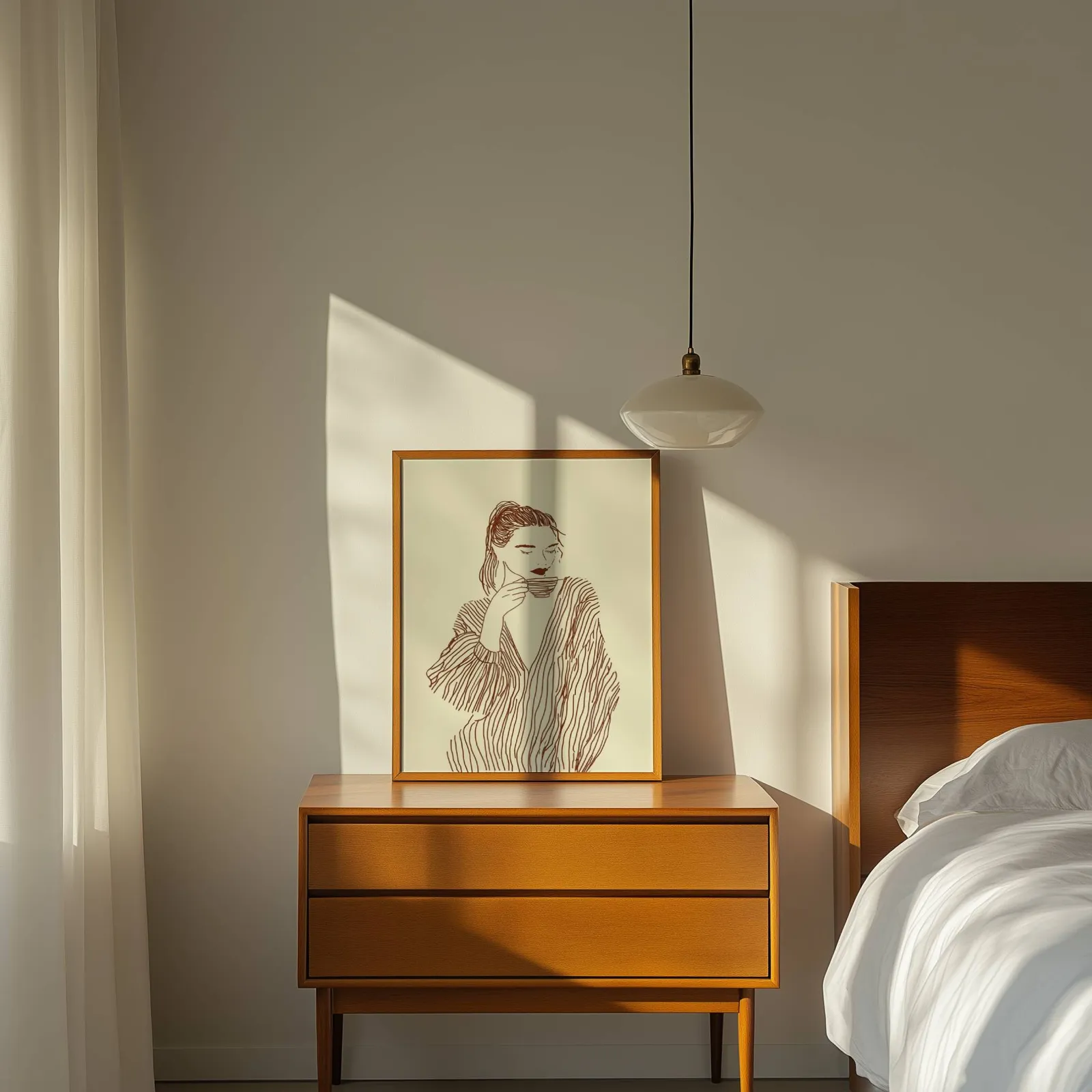 woman drinking coffee line art print, propped on a wooden dresser beside a pendant lamp