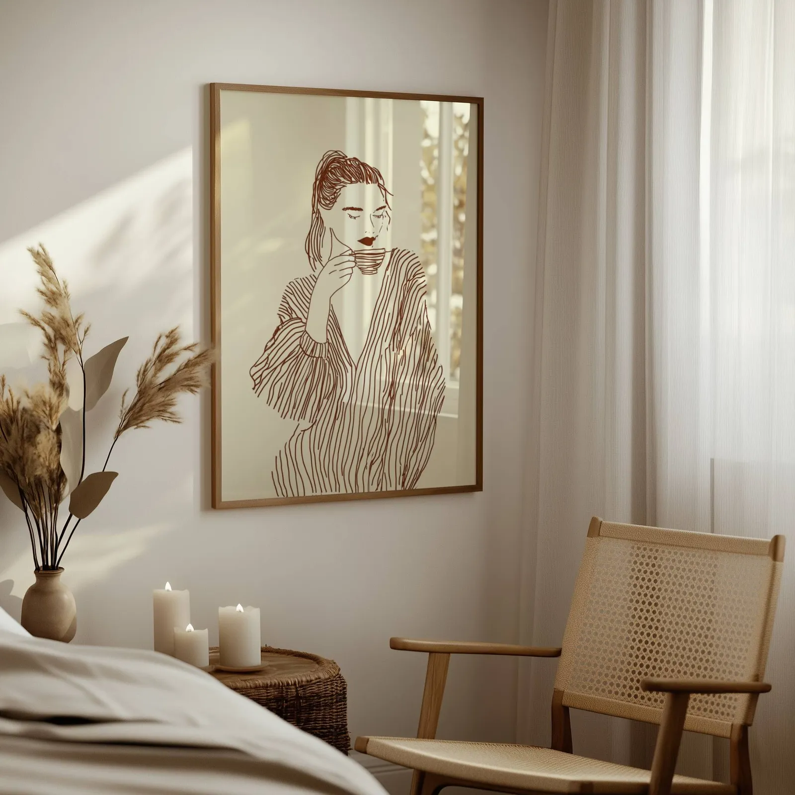 woman drinking coffee line art print, above a woven side table with lit candles and pampas grass