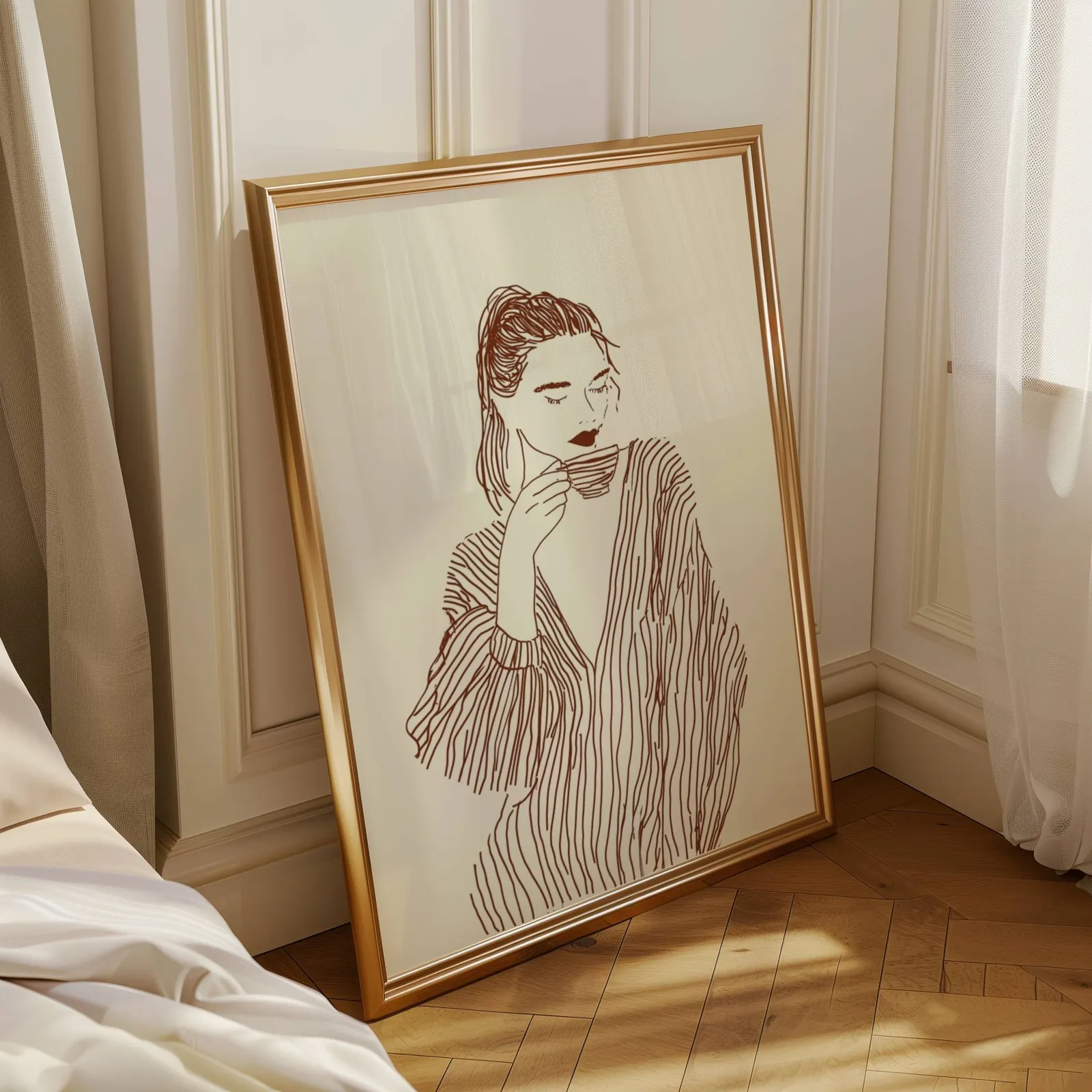woman drinking coffee line art print, leaning in a sunlit corner beside sheer curtains and herringbone floor