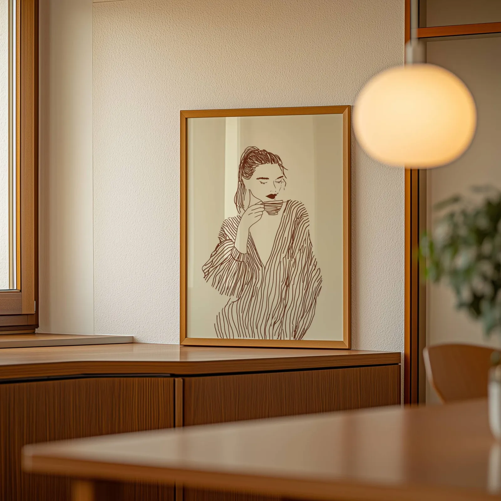 woman drinking coffee line art print, leaning on a wooden sideboard beside a glowing globe pendant