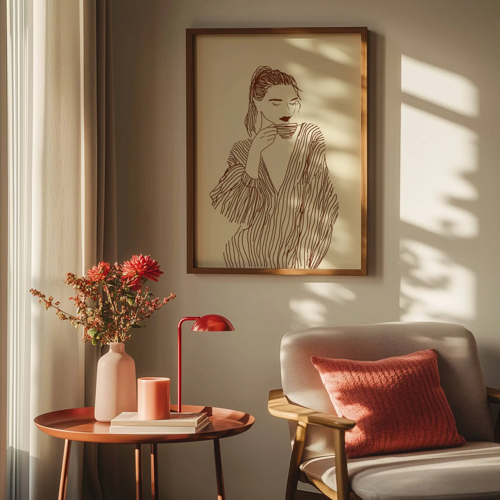 woman drinking coffee line art print, above a round side table with a red lamp and dahlias