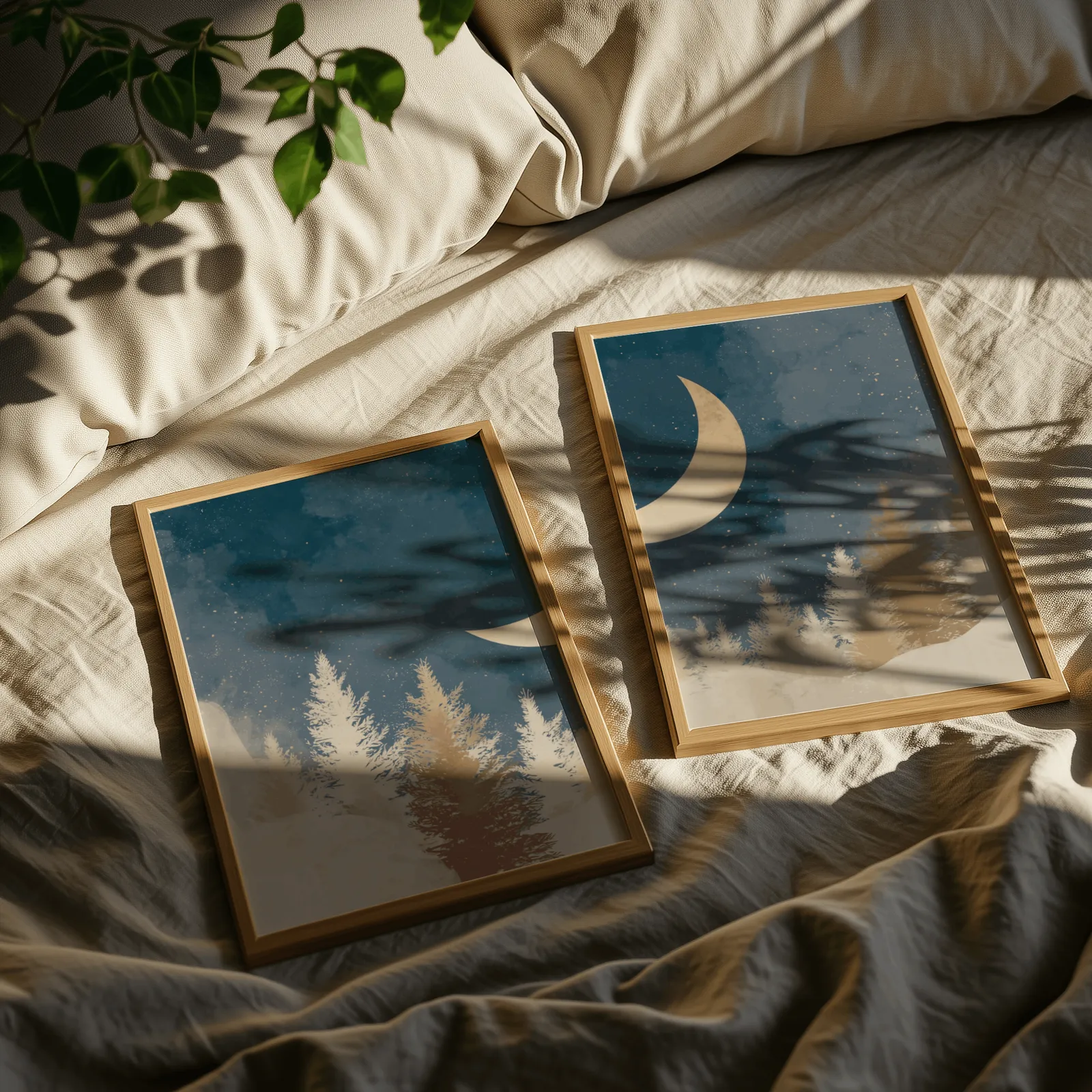 blue forest wall art set with crescent moon, resting on rumpled linen sheets with dappled leaf shadows