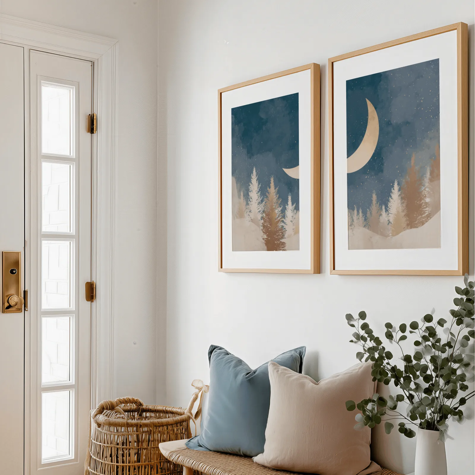 blue forest wall art set with crescent moon, above a bench with blue and blush pillows near the entry door
