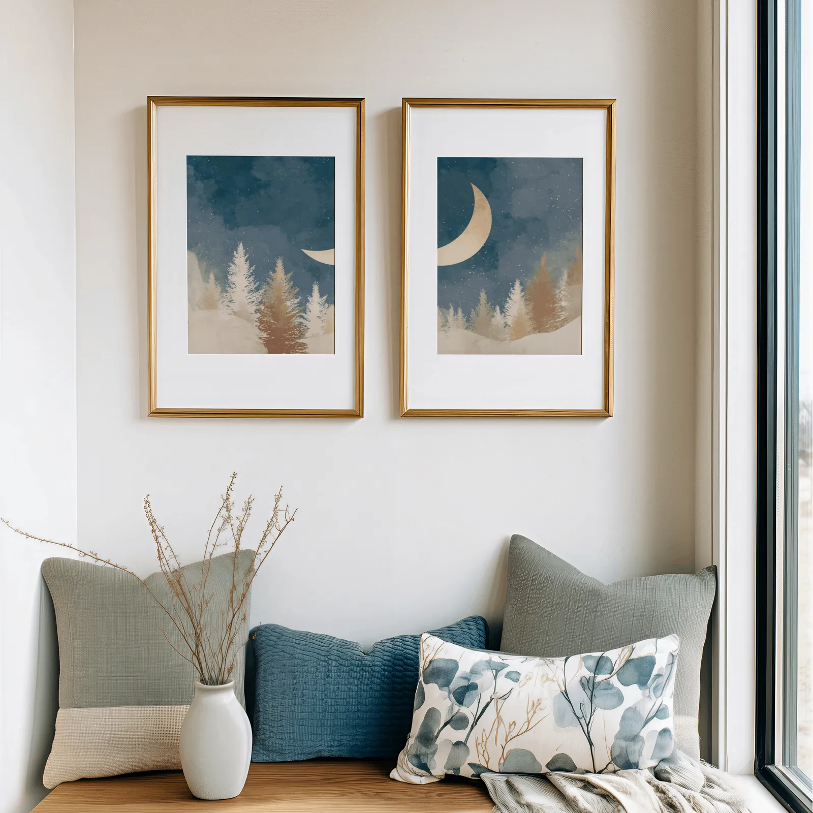blue forest wall art set with crescent moon, above a cushioned window seat with sage and blue pillows