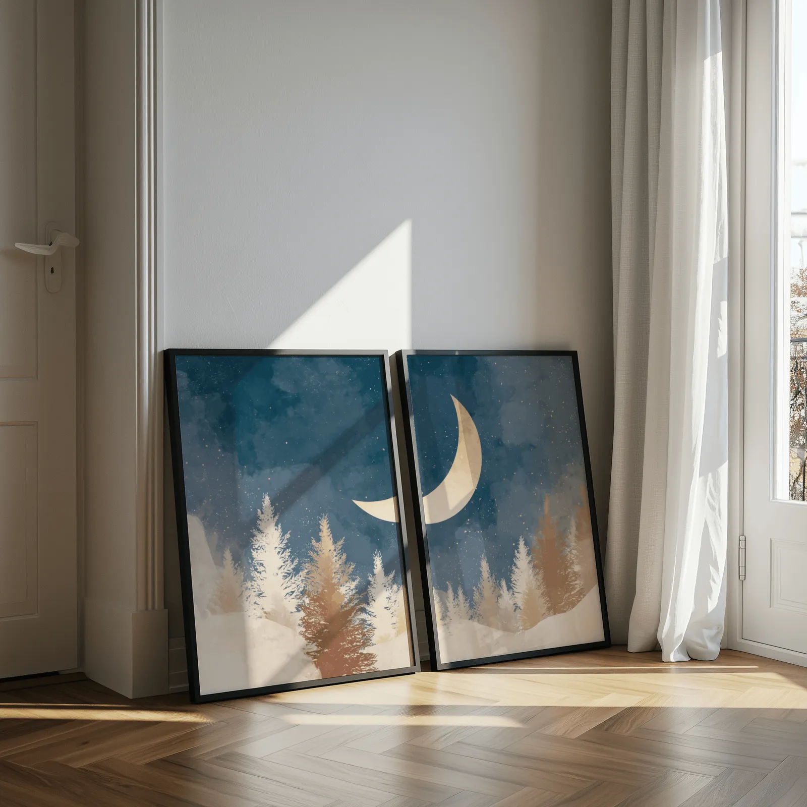 blue forest wall art set with crescent moon, leaning against a sunlit wall by herringbone floor and sheer curtains