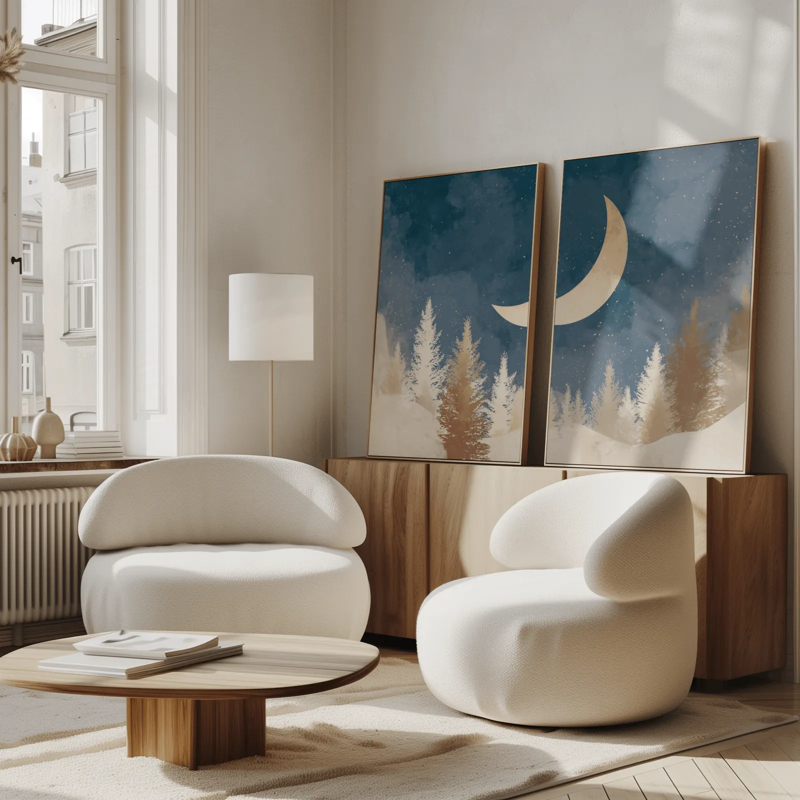 blue forest wall art set with crescent moon, propped against a wooden sideboard beside boucle armchairs