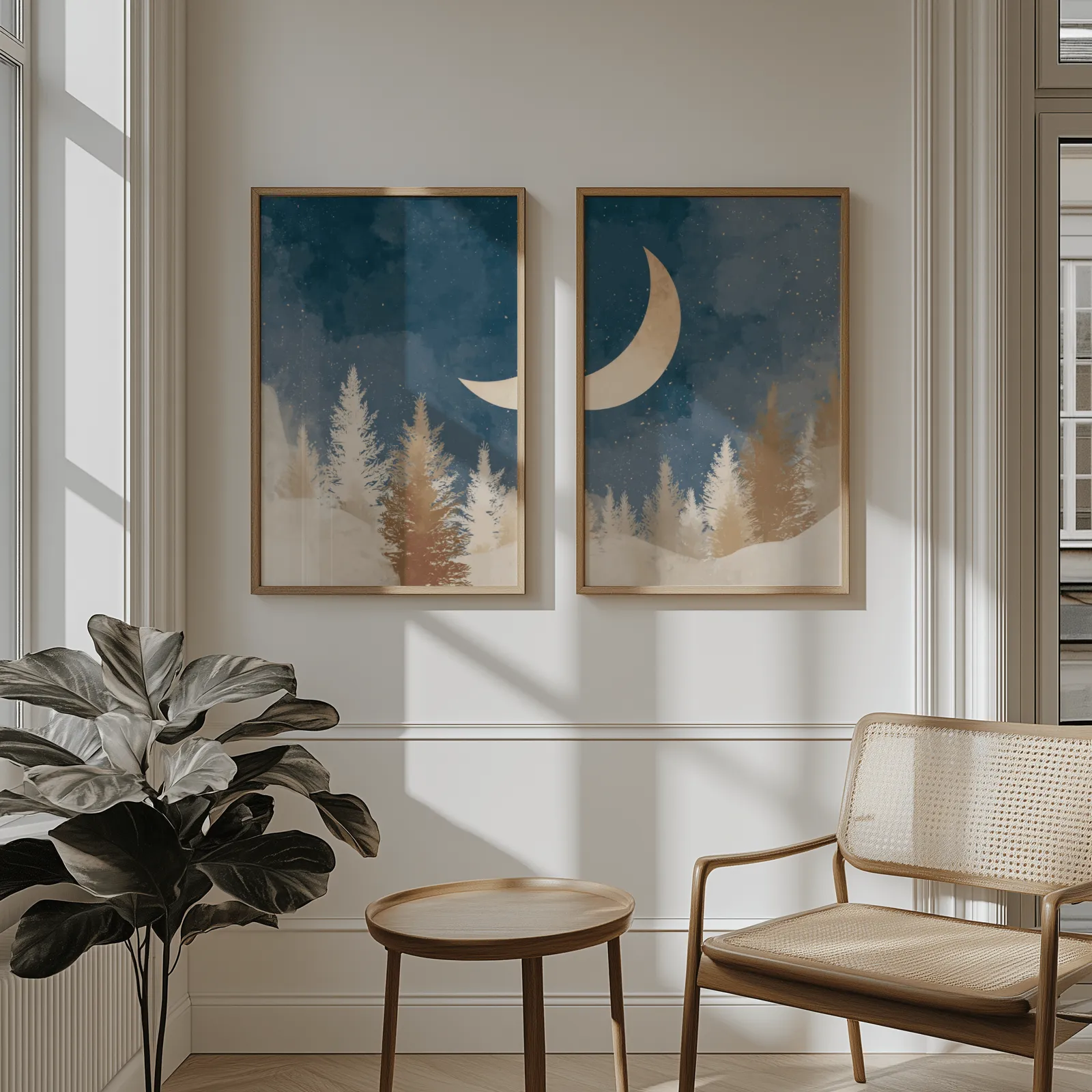 blue forest wall art set with crescent moon, above wainscoting beside a cane armchair and fiddle-leaf fig