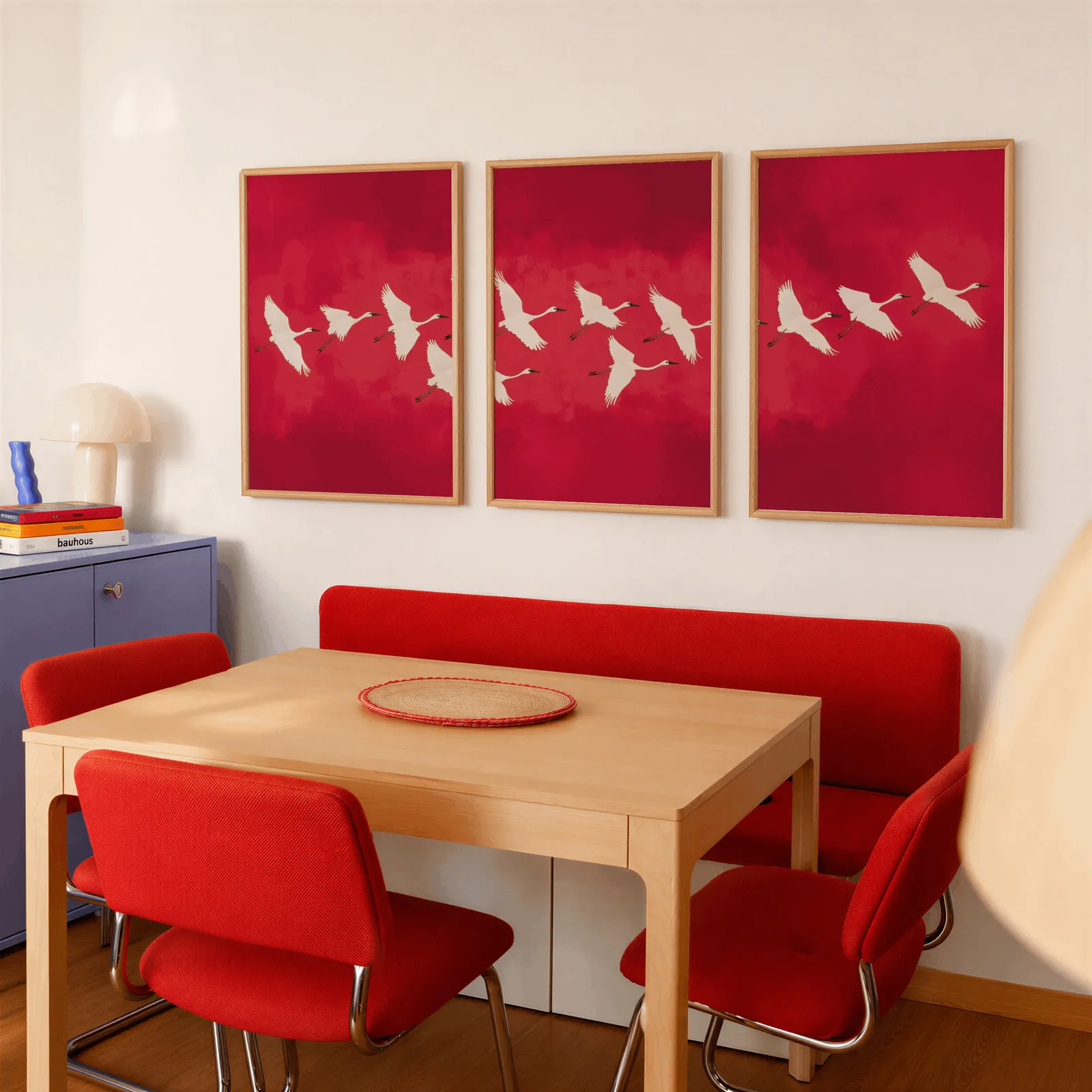 red crane wall art triptych, above a red banquette bench beside a lavender cabinet